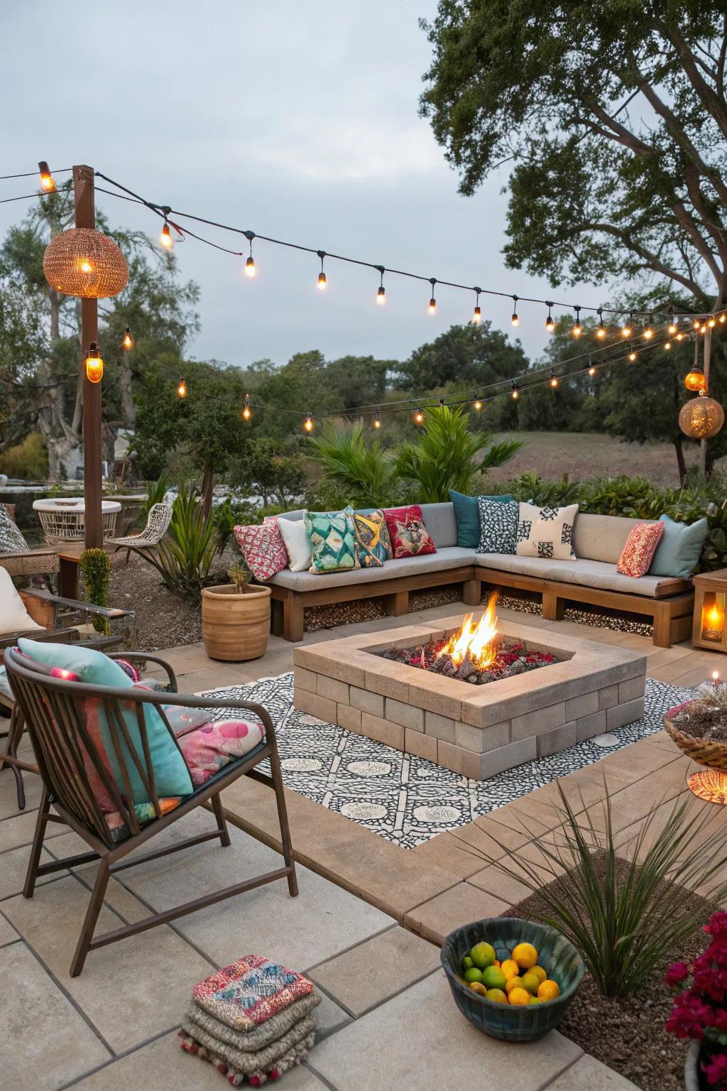 Mixed materials bring unique charm to this patio fire pit.