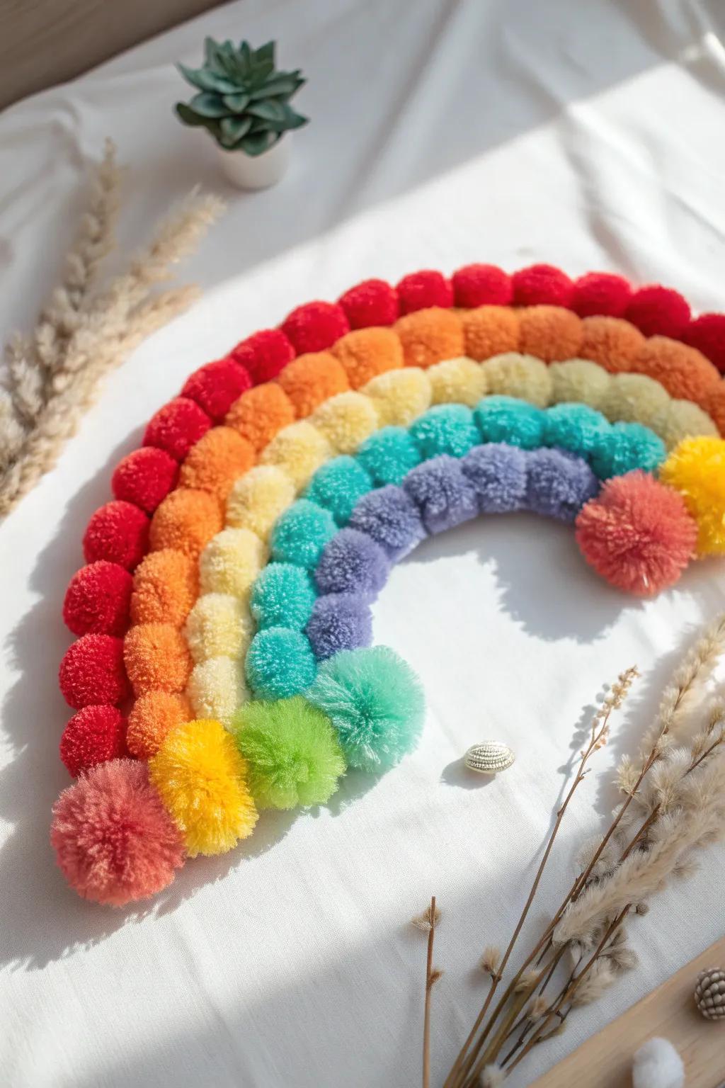 Discover the joy of creating a pom-pom rainbow—where vibrant colors meet playful textures in minimalist elegance.