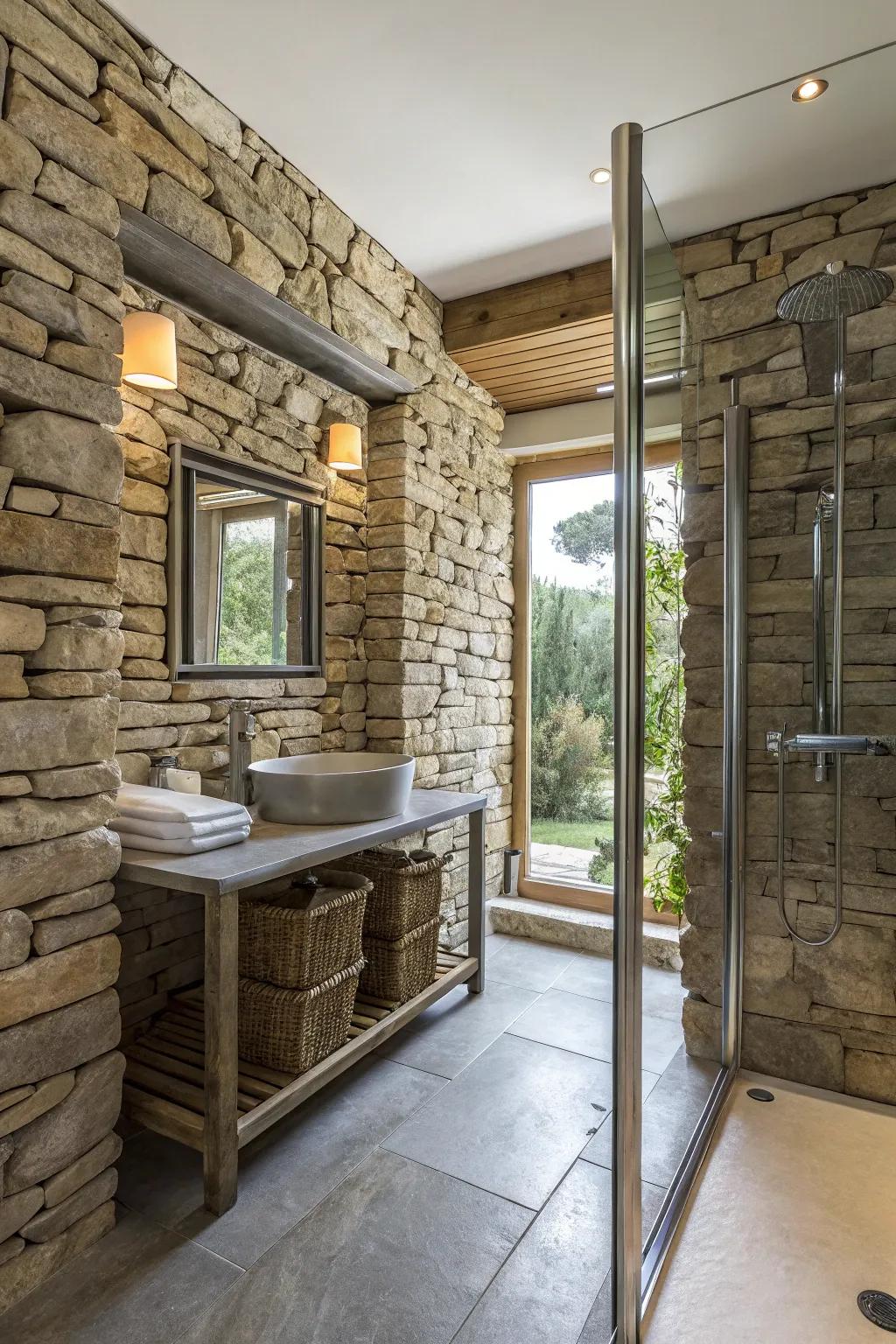 Industrial chic achieved with stacked stone and metal accents.