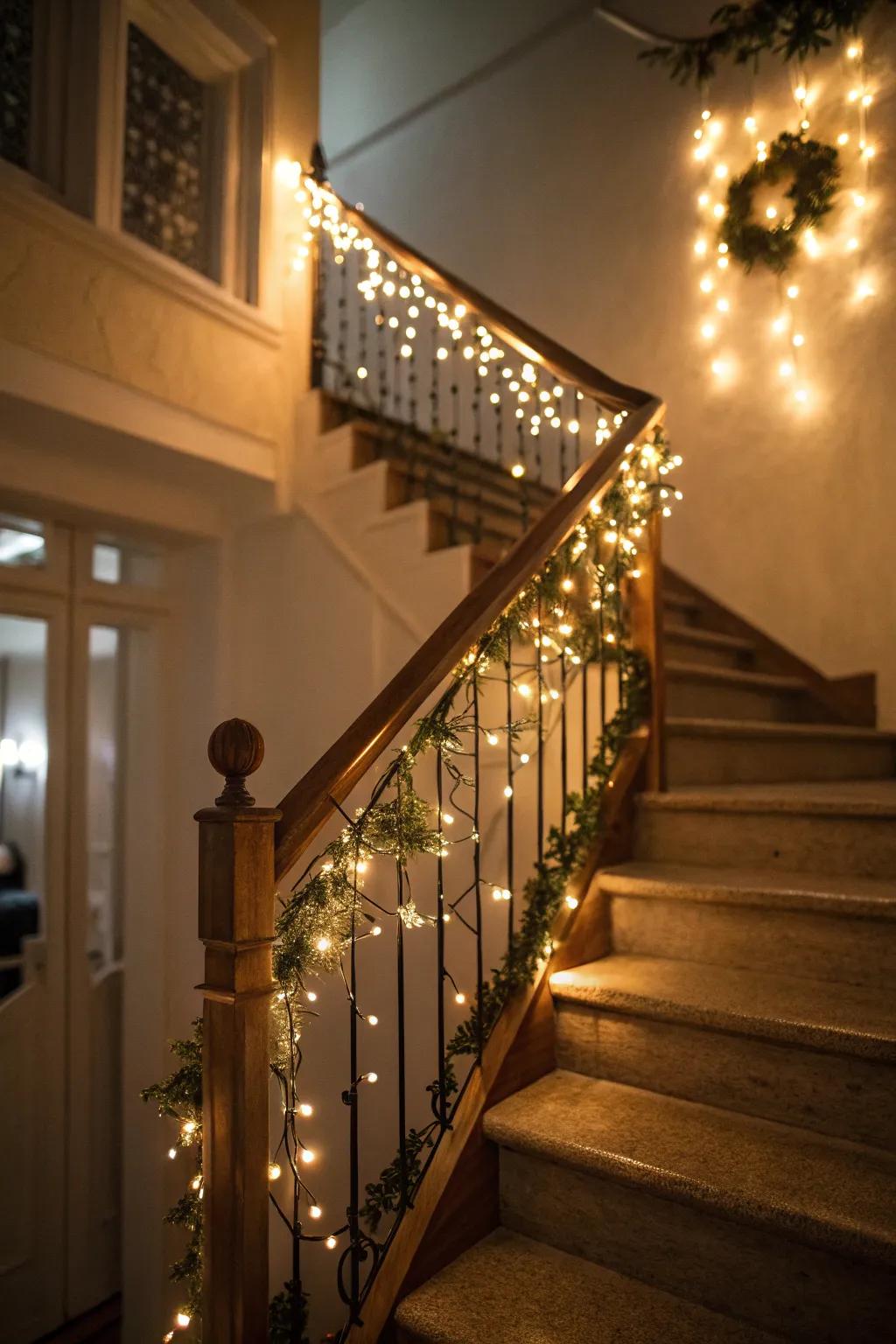 Fairy lights add a whimsical and cozy touch to your stairs.