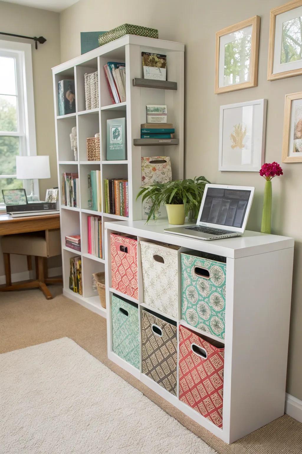 Bookshelves with bins provide ample storage for a variety of items.