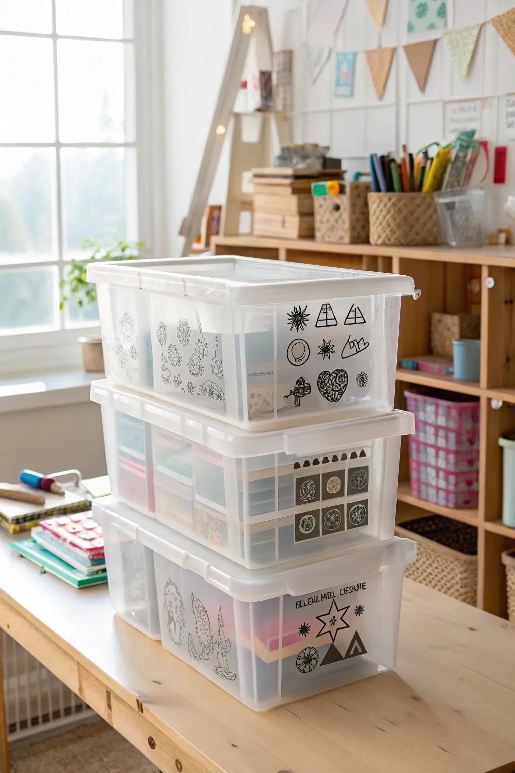 Plastic storage bins provide an affordable and versatile stencil storage solution.