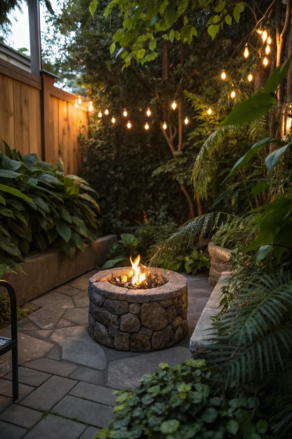 A cozy corner fire pit offers a private retreat in the yard.