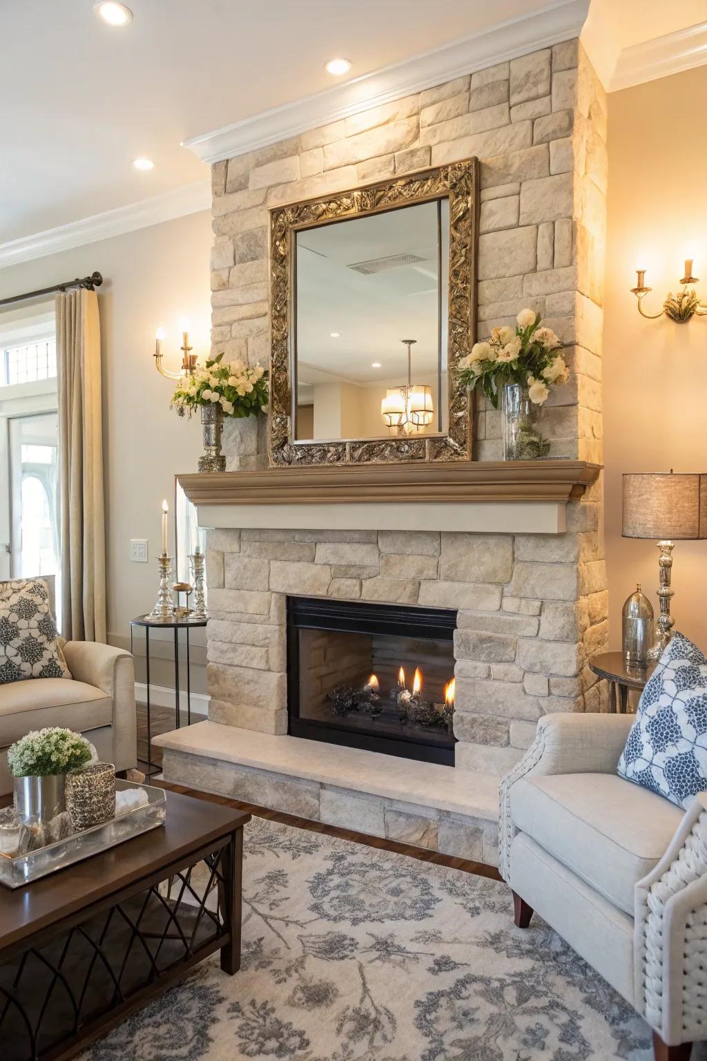 A mirror above the stone fireplace brightens and enlarges the space visually.