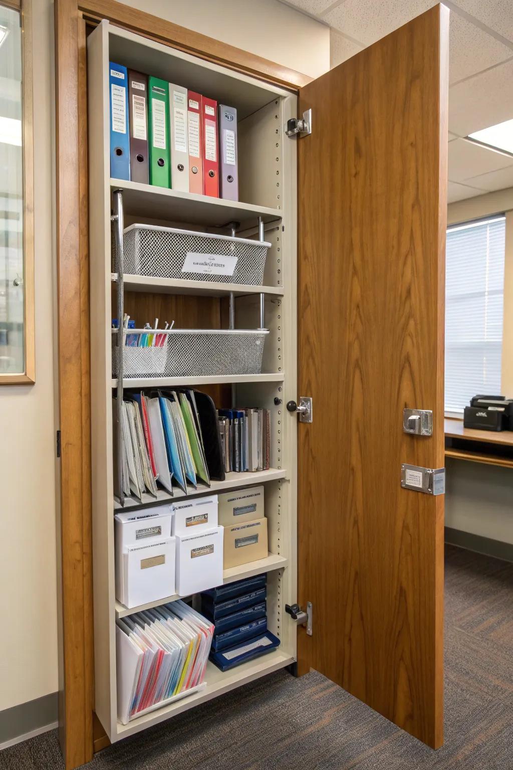 Hinge-mounted cabinet discreetly adds office storage.