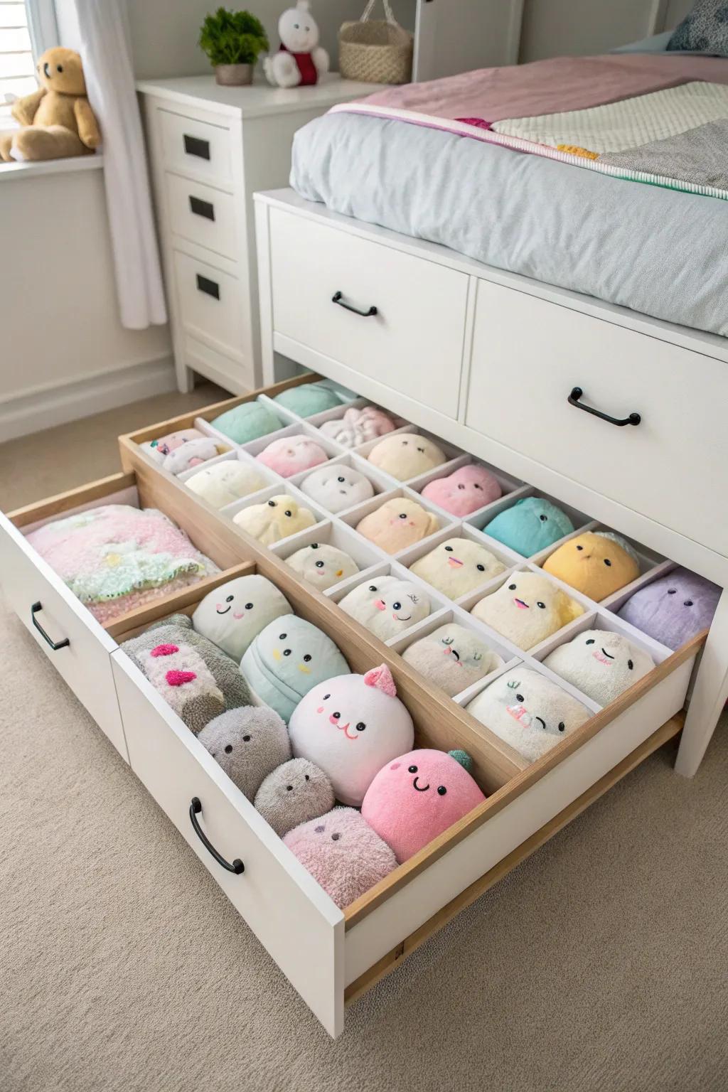 Under-bed drawers offer a discreet storage solution for Squishmallows.