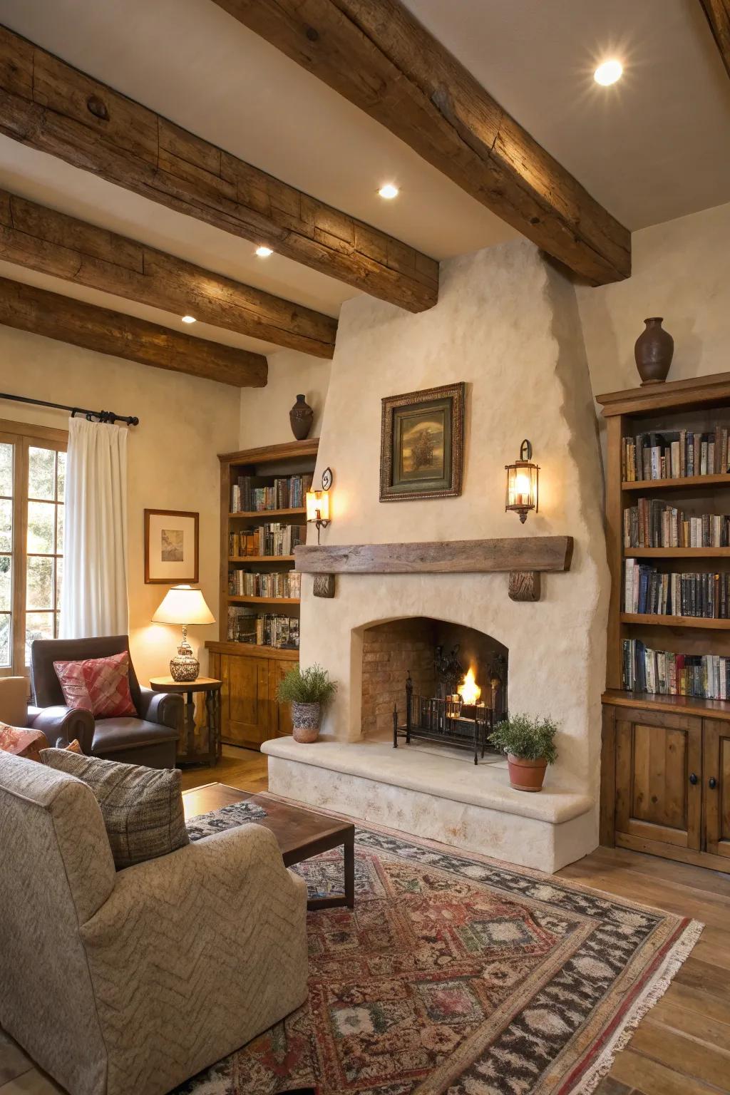 Textured stucco adds rustic appeal to this cozy living room fireplace.