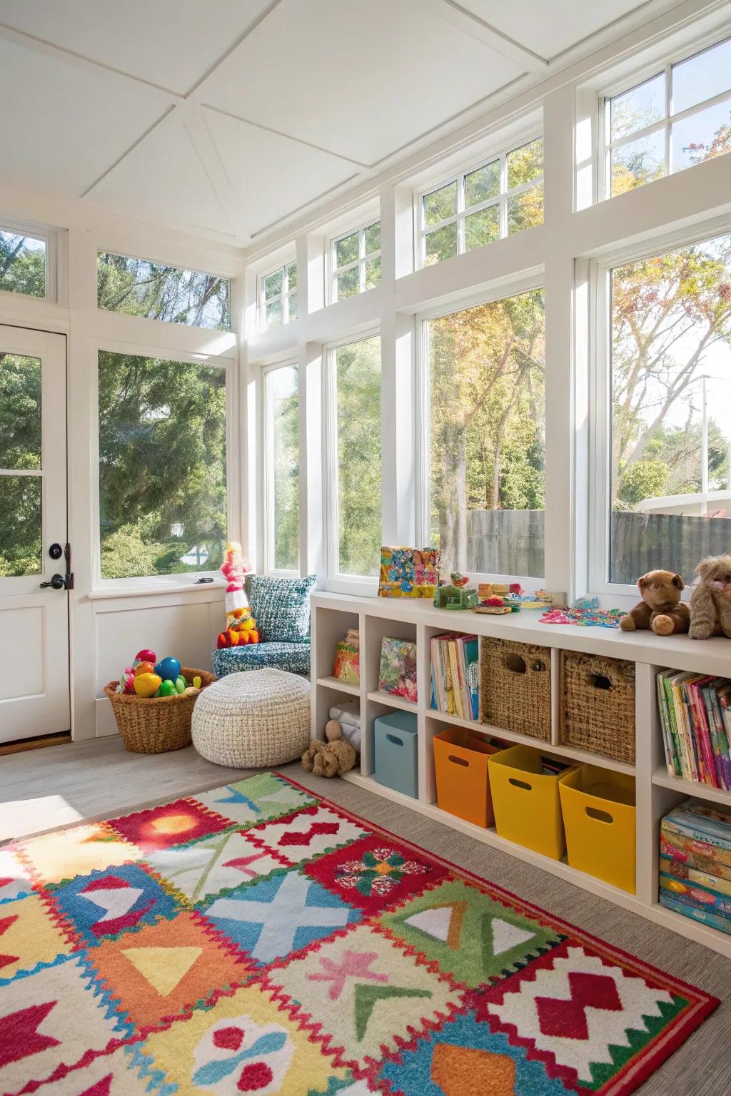 A playful children's area in a sunroom, filled with toys and vibrant colors.