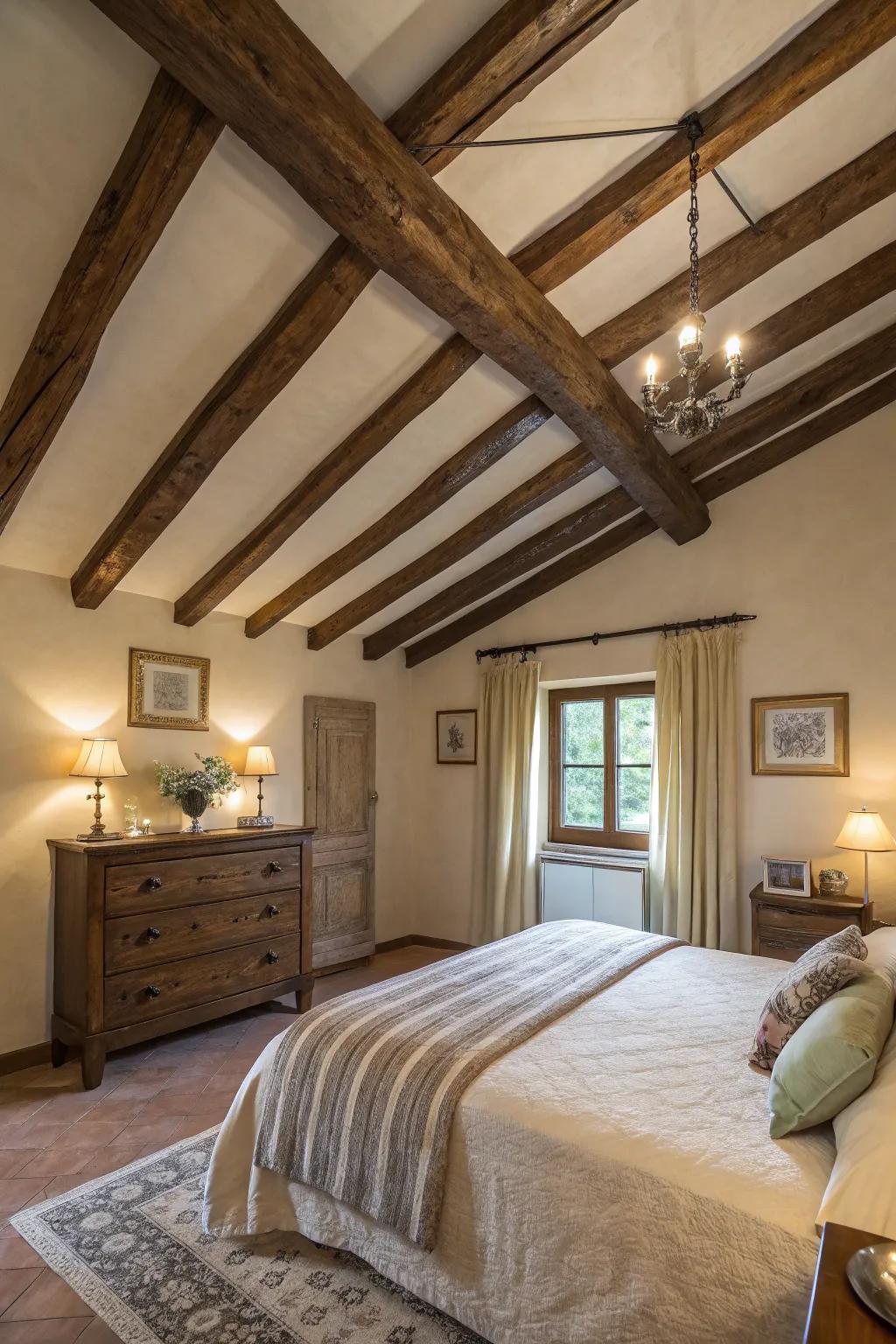 Bedroom with painted beams creating a cohesive aesthetic.