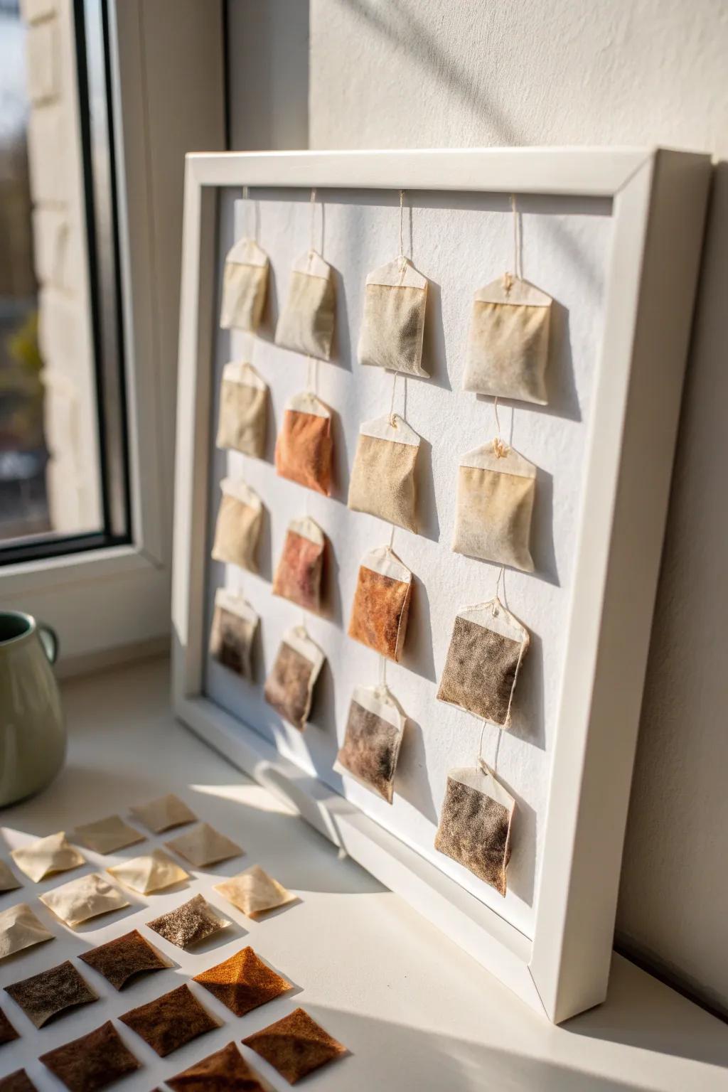 Transform everyday tea bags into stunning wall art that tells a story of simplicity and elegance.
