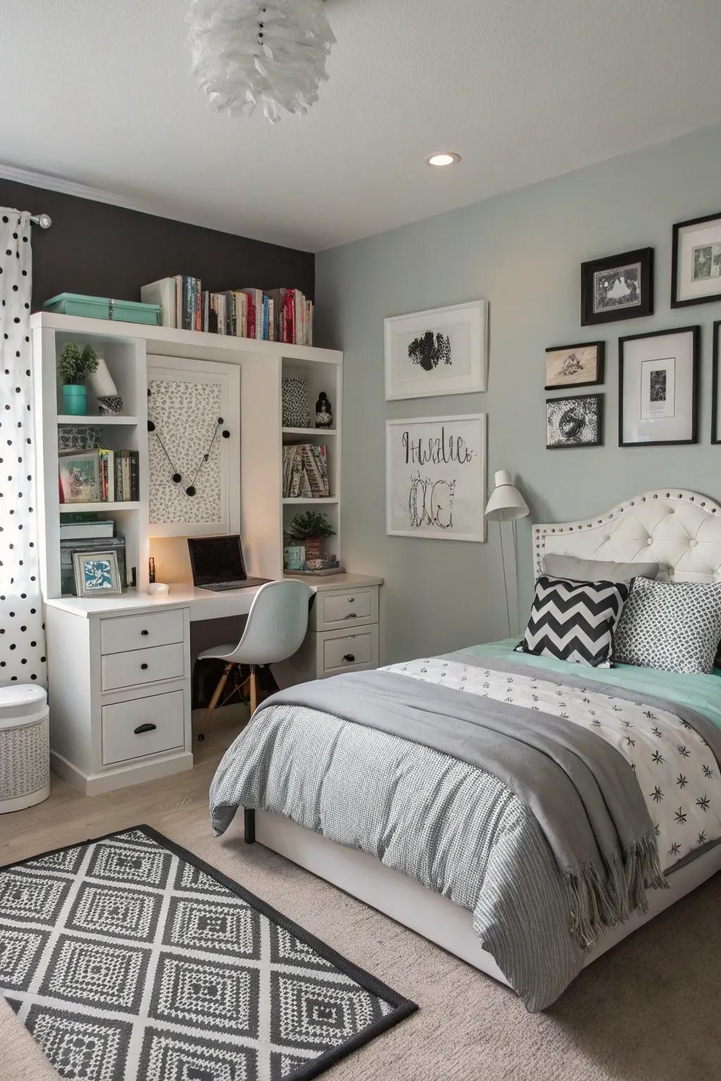 A sleek and calming monochrome bedroom.