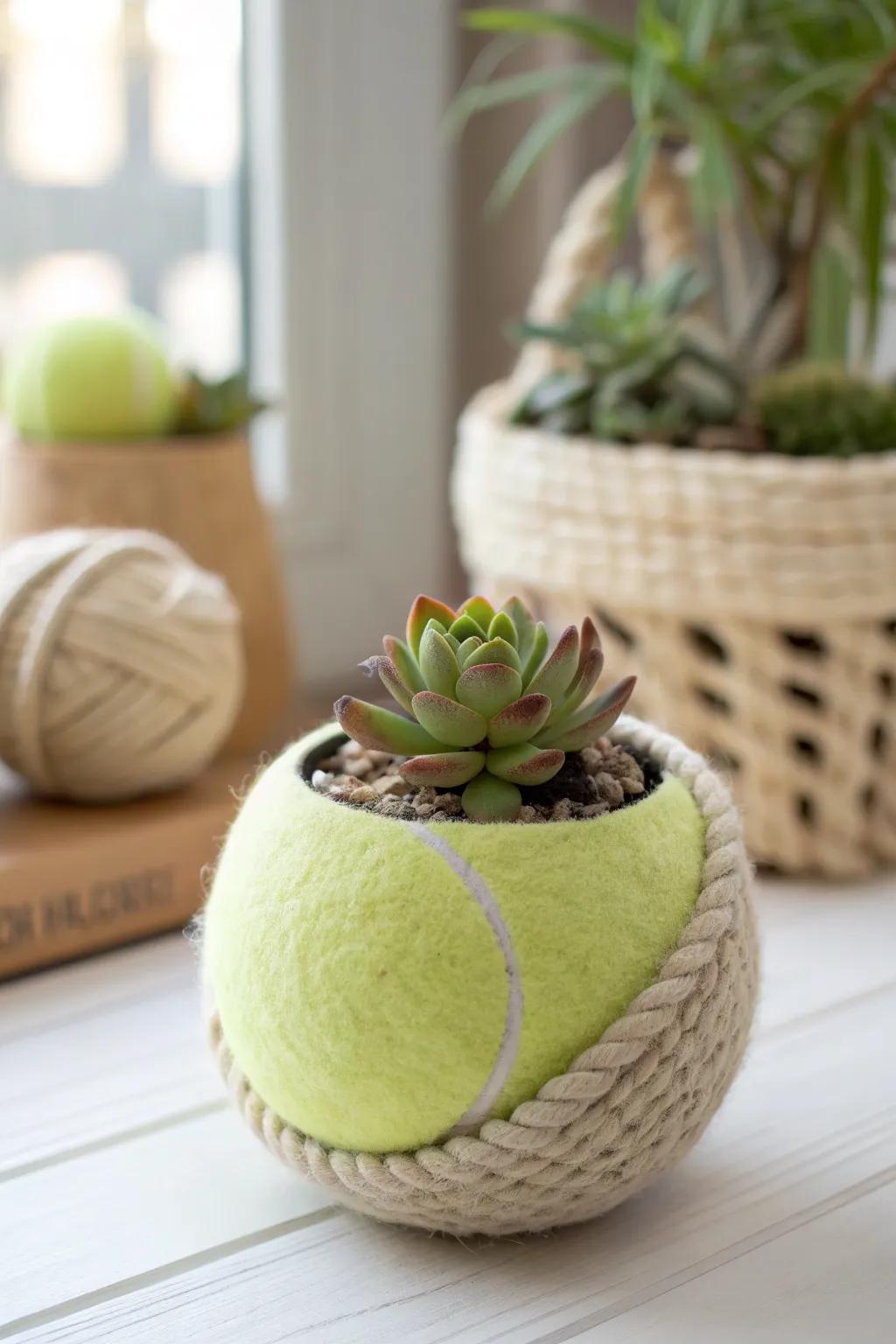Add a playful touch to your plants with this DIY tennis ball planter!