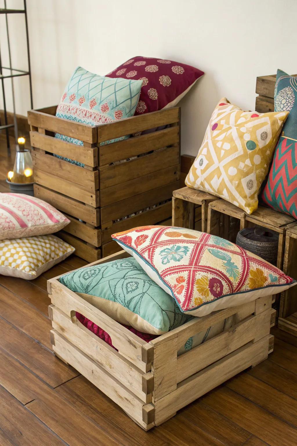 Vintage-style crates offering a rustic storage solution for pillows.