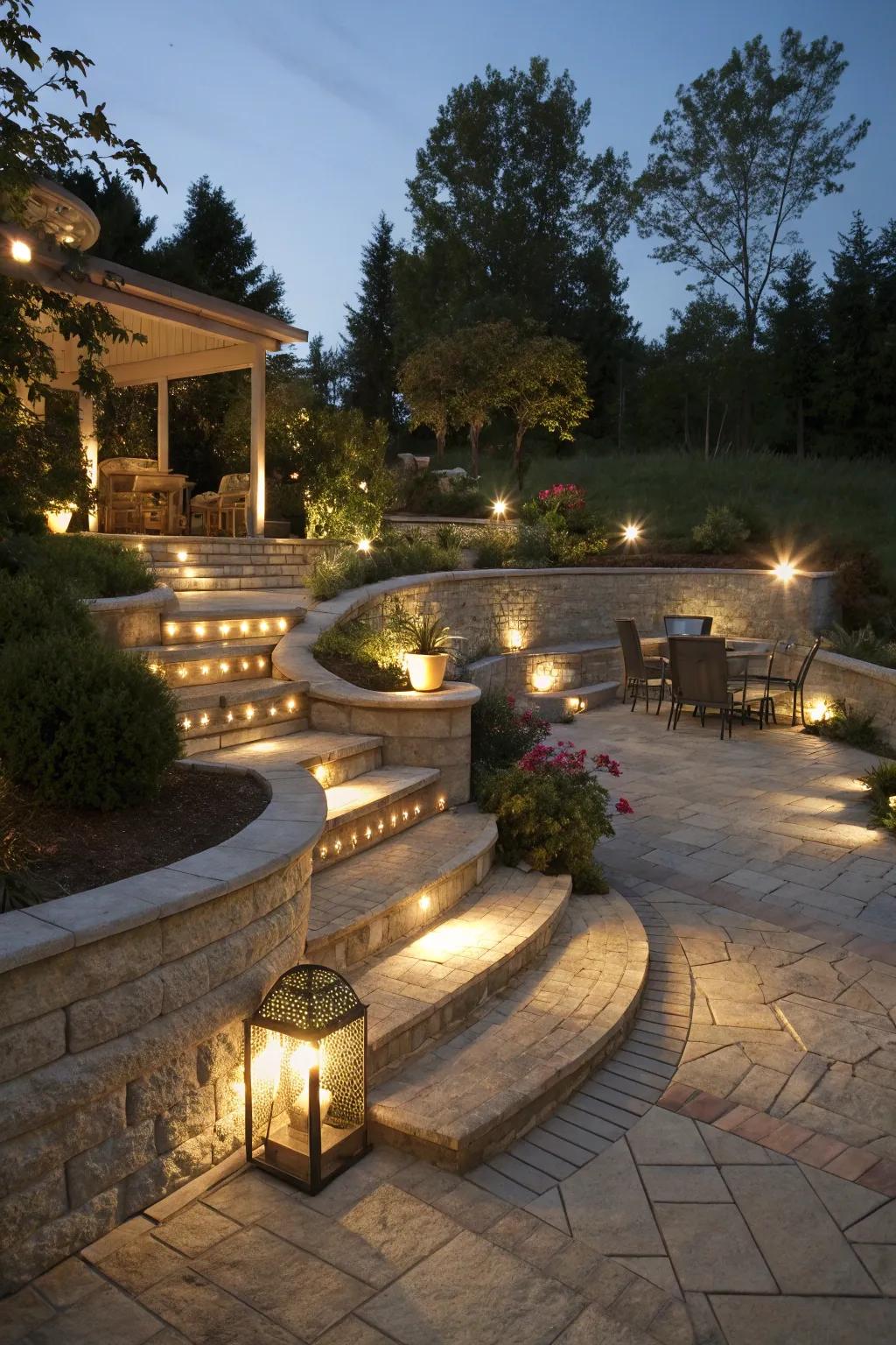 Multi-level lighting creates a magical atmosphere on a tiered patio.