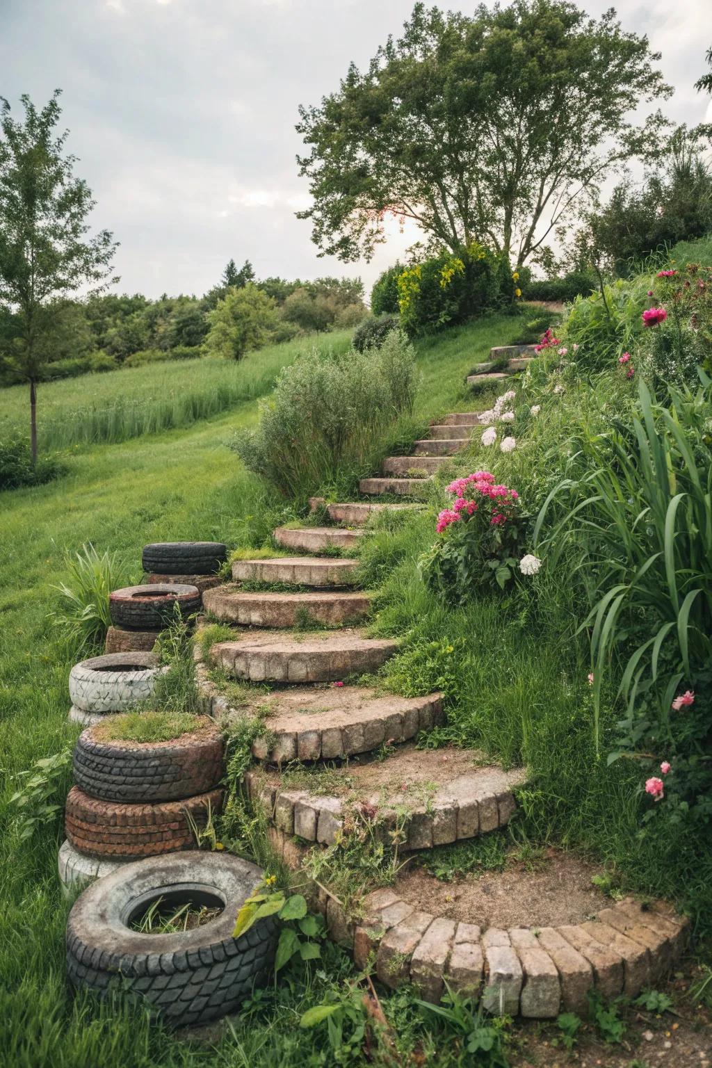 Eco-Friendly Tire Stairs in the Garden