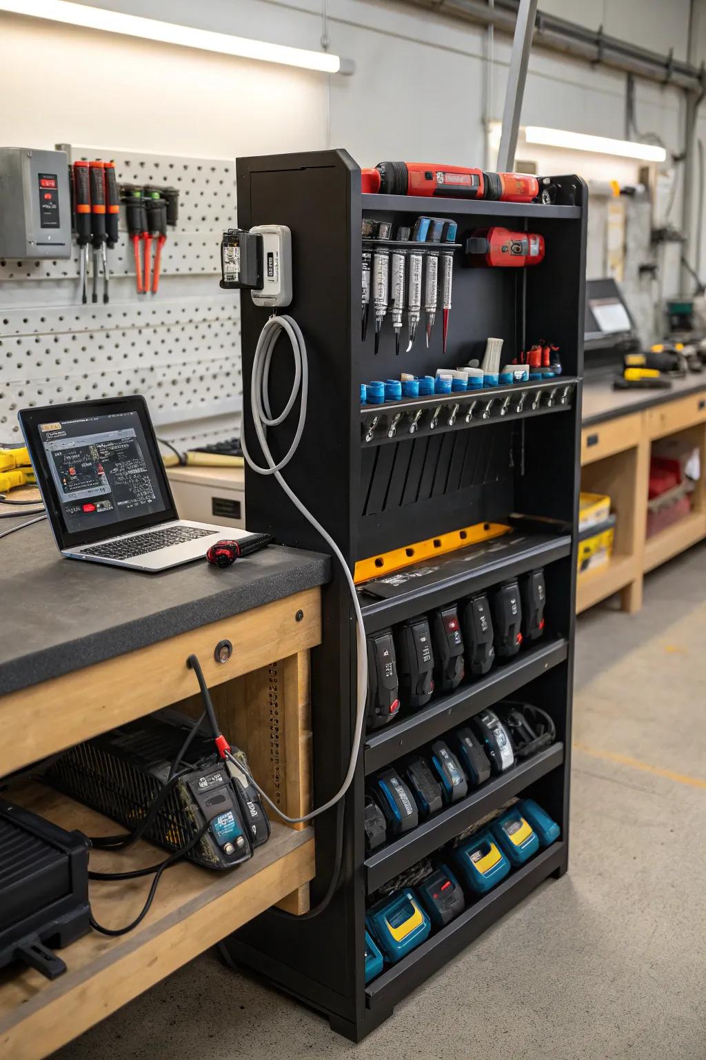 A dedicated charging station for tools in a tool crib.