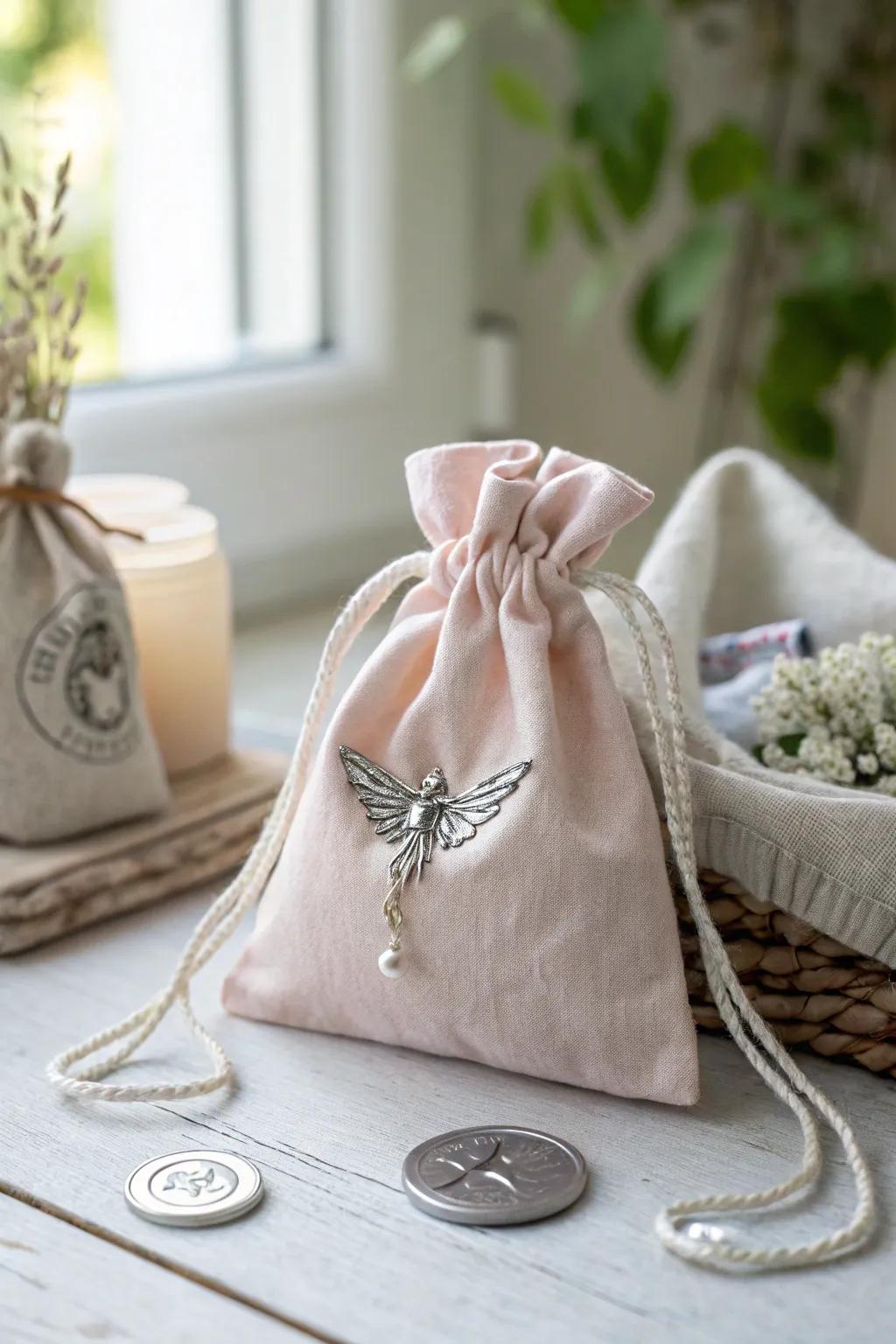 Discover the magic in simplicity with this charming fairy-themed tooth fairy bag.