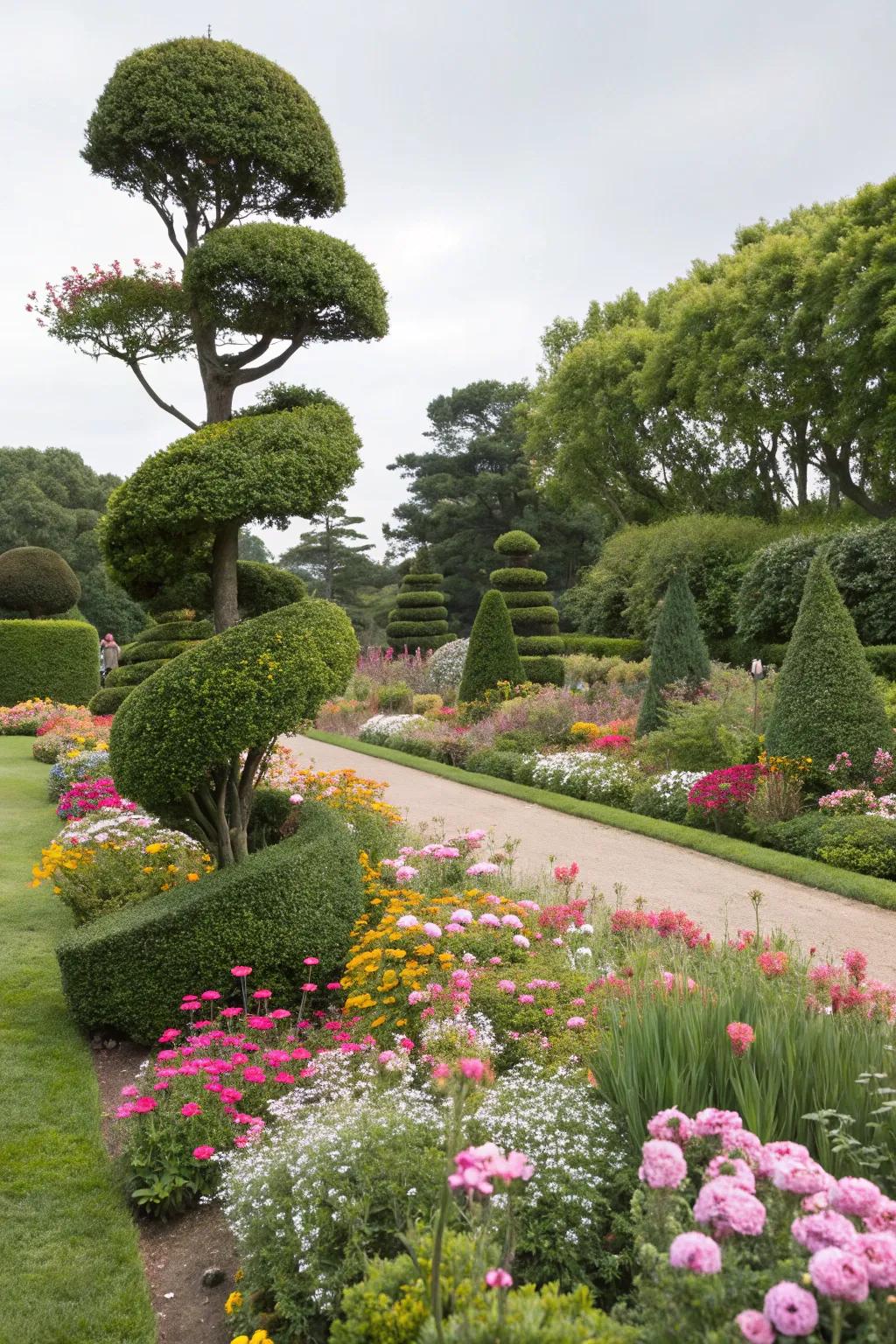 Cloud-pruned topiary adding an organic touch to the garden.