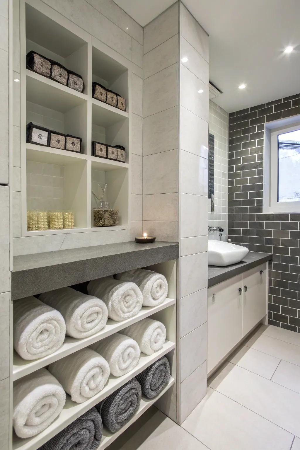 Cubby holes offer organized and stylish towel storage.