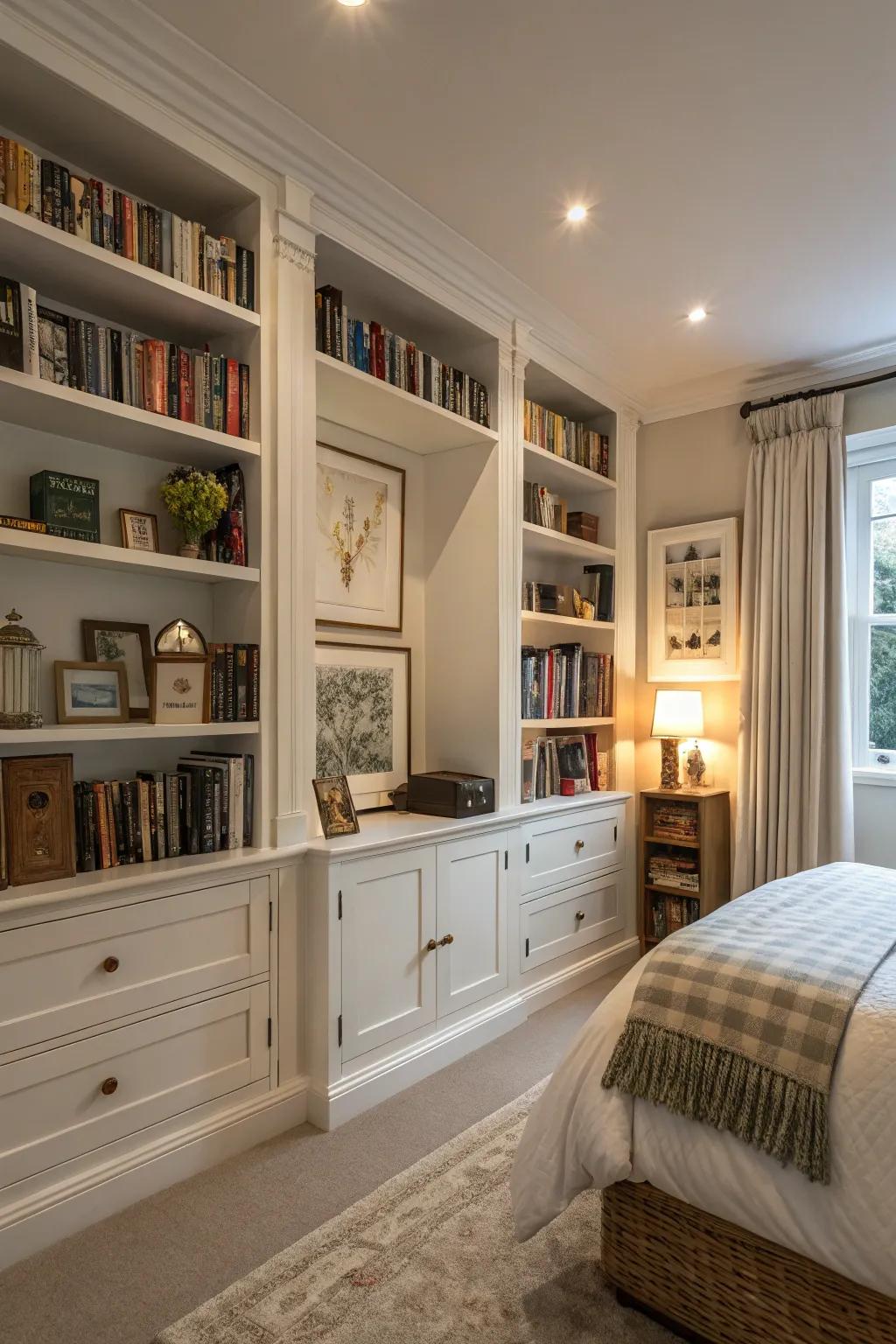 Utilizing vertical space keeps this townhouse bedroom organized and stylish.