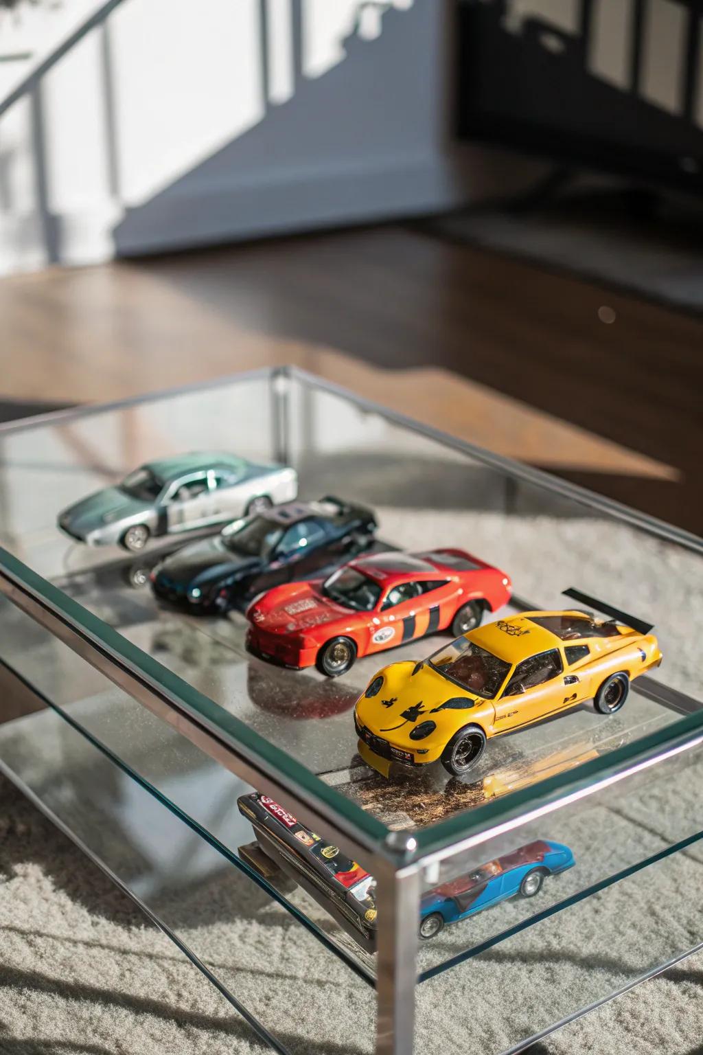 A glass coffee table highlighting toy cars as part of the decor.