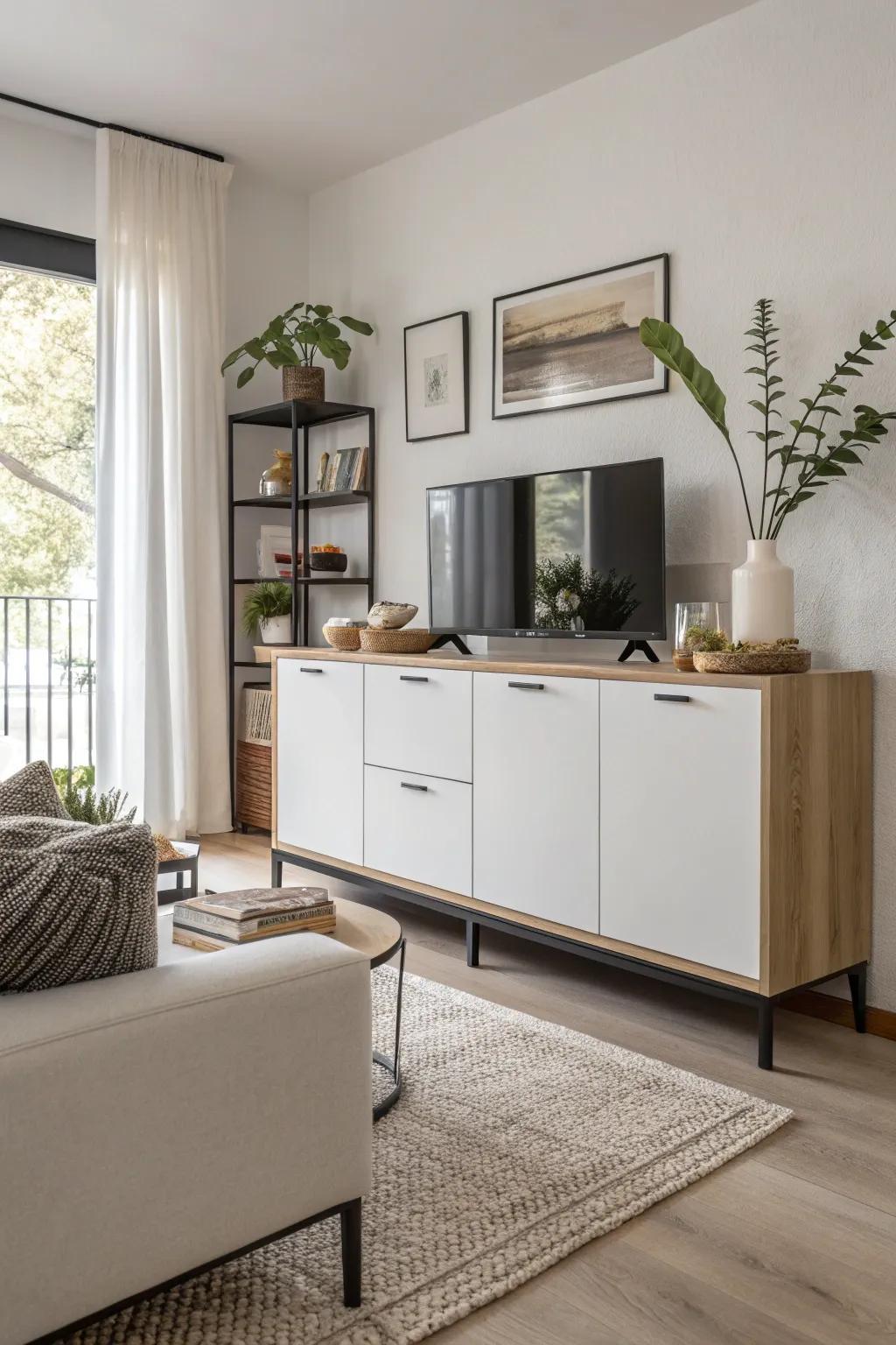 A sleek sideboard with closed compartments hides toys discreetly.