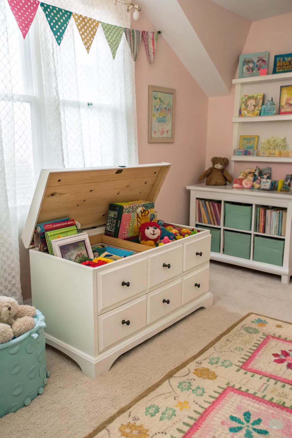 Repurposed dresser transformed into a toy chest.