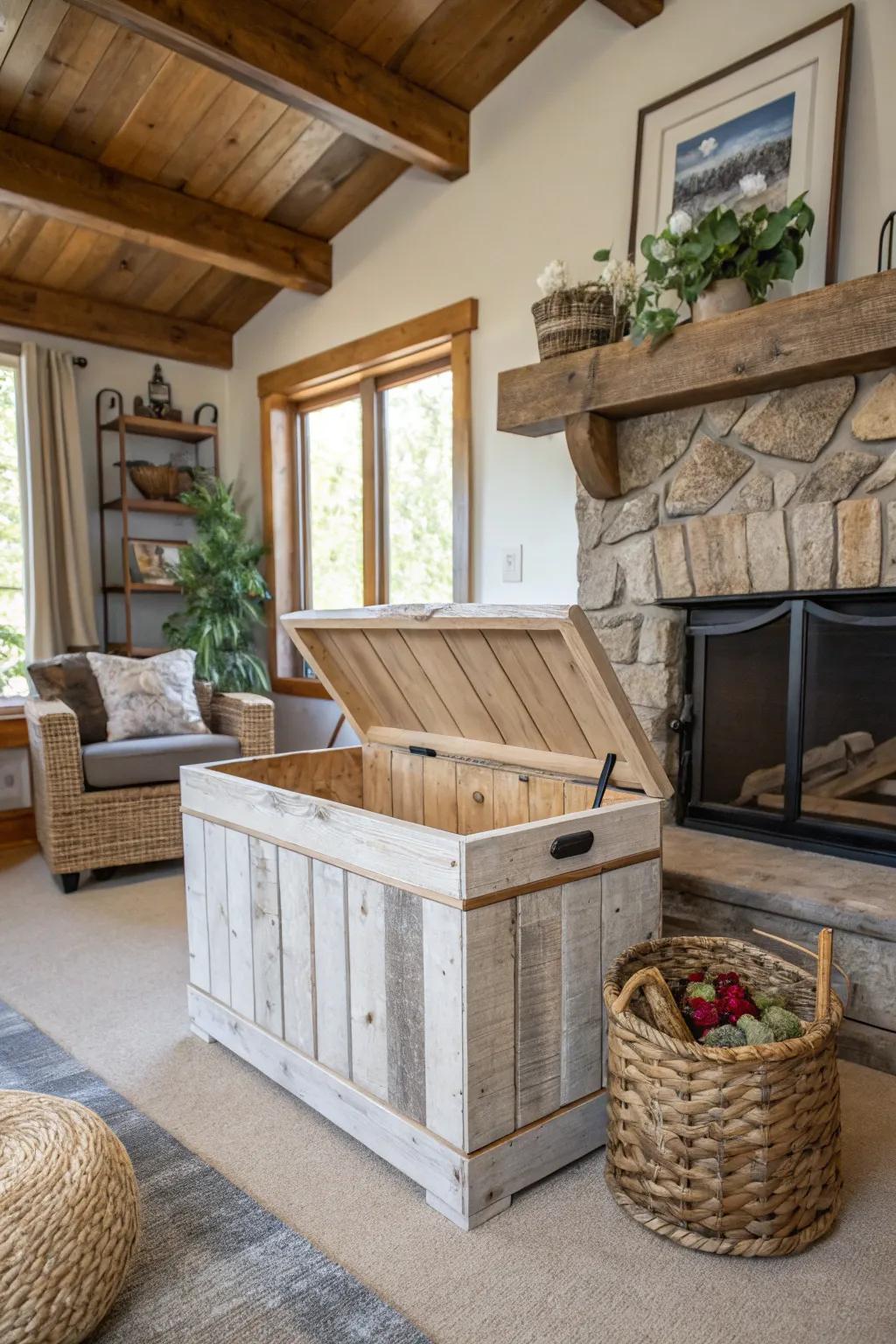 A farmhouse-style toy box adds rustic charm to any room.