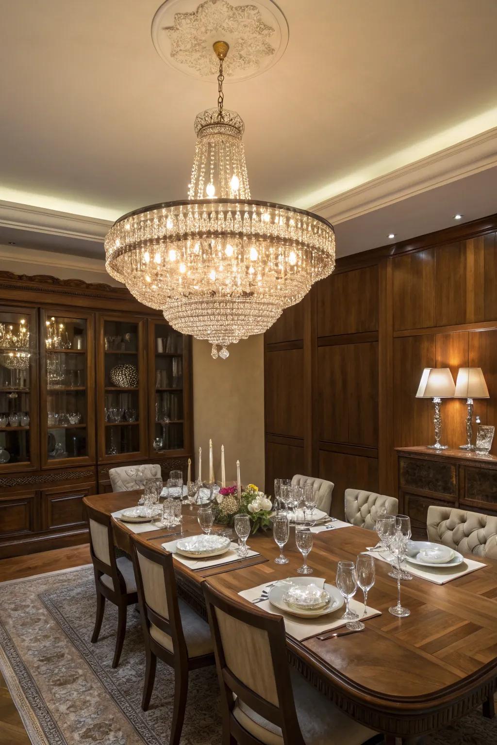 A statement chandelier adds grandeur and illumination to the dining room.