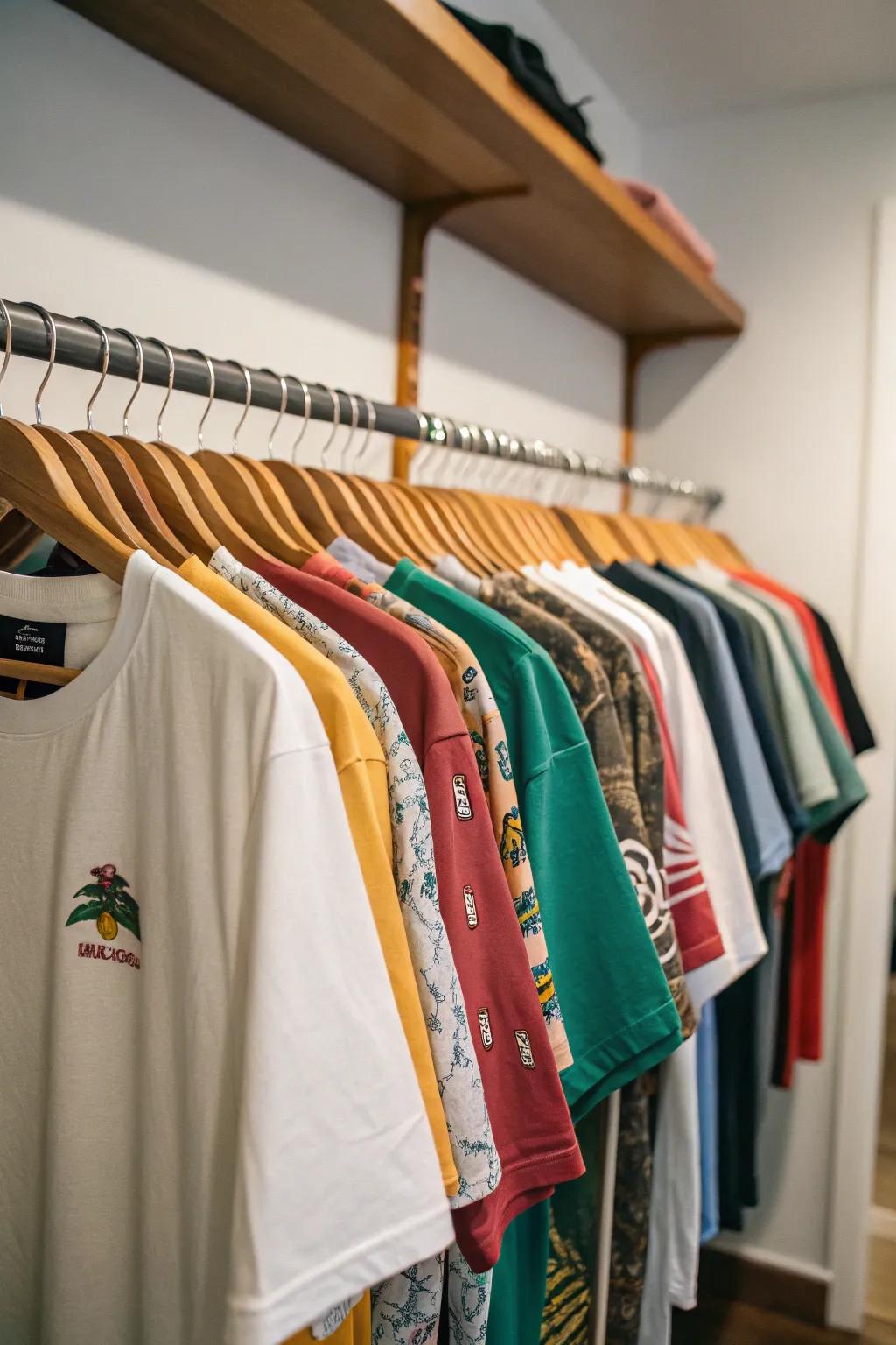 T-shirts vertically hung in a closet for easy access.