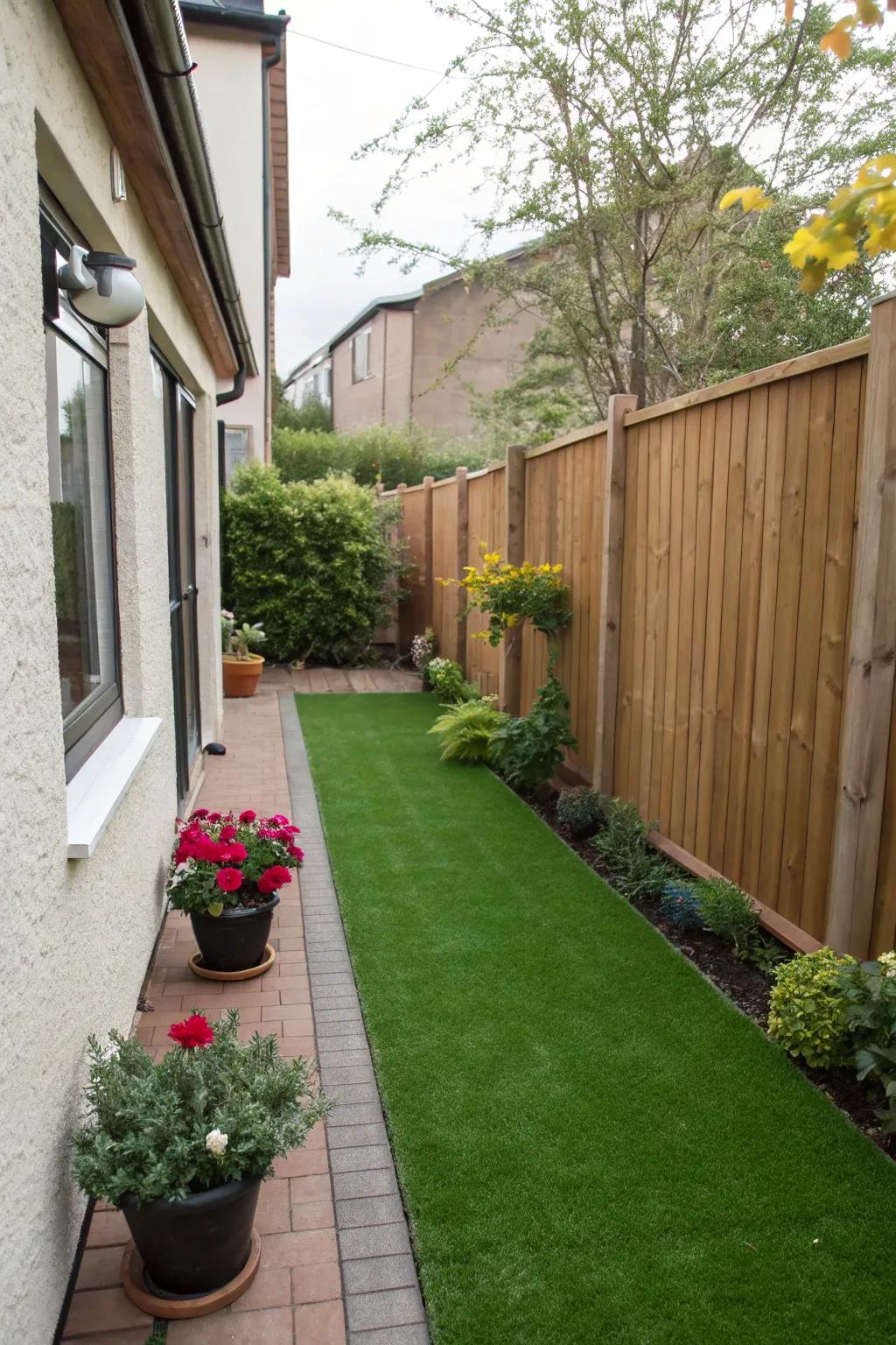 Transform side yards with lush artificial turf.