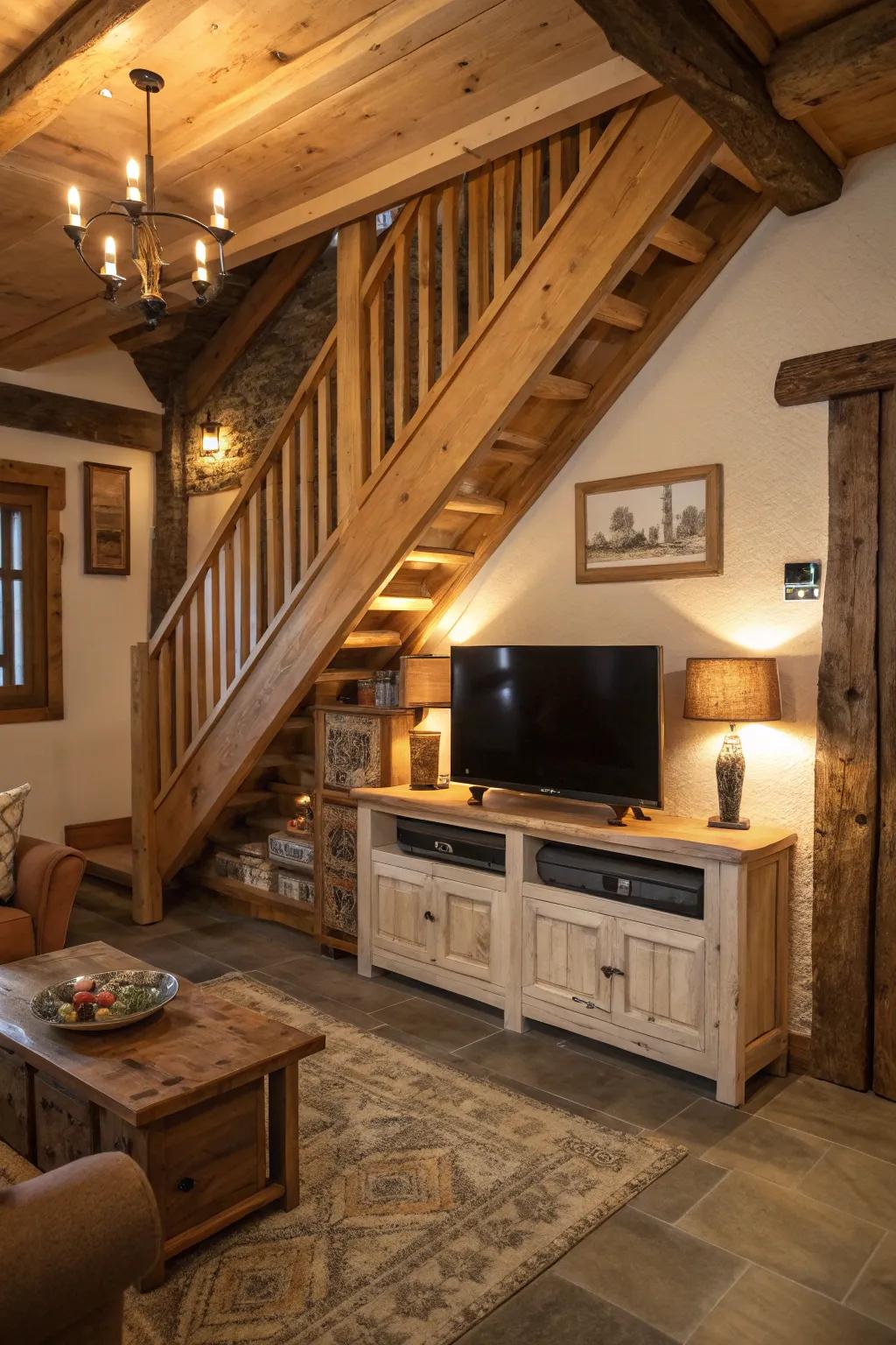 A rustic living room with a TV unit under a wooden staircase.