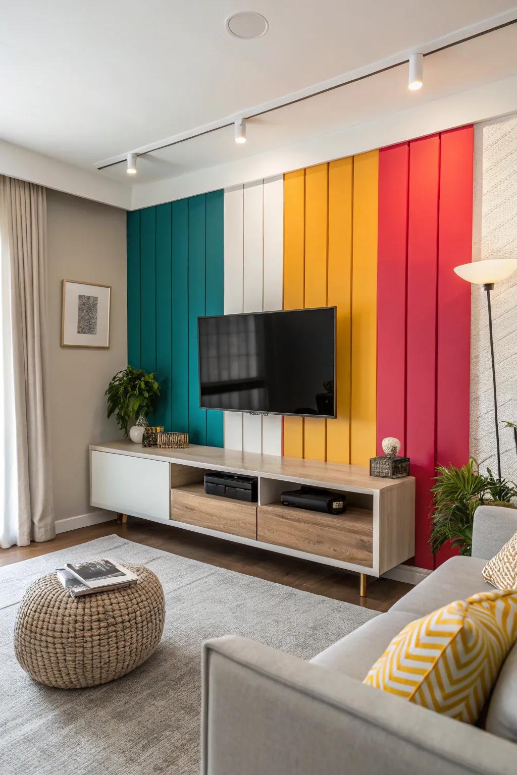 Color-blocking adds a playful yet sophisticated touch to your TV wall.