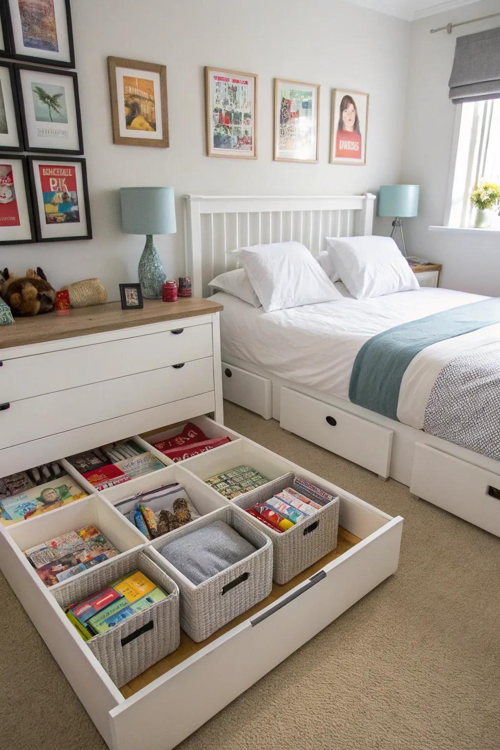 Under-bed storage keeps the twin bedroom organized.