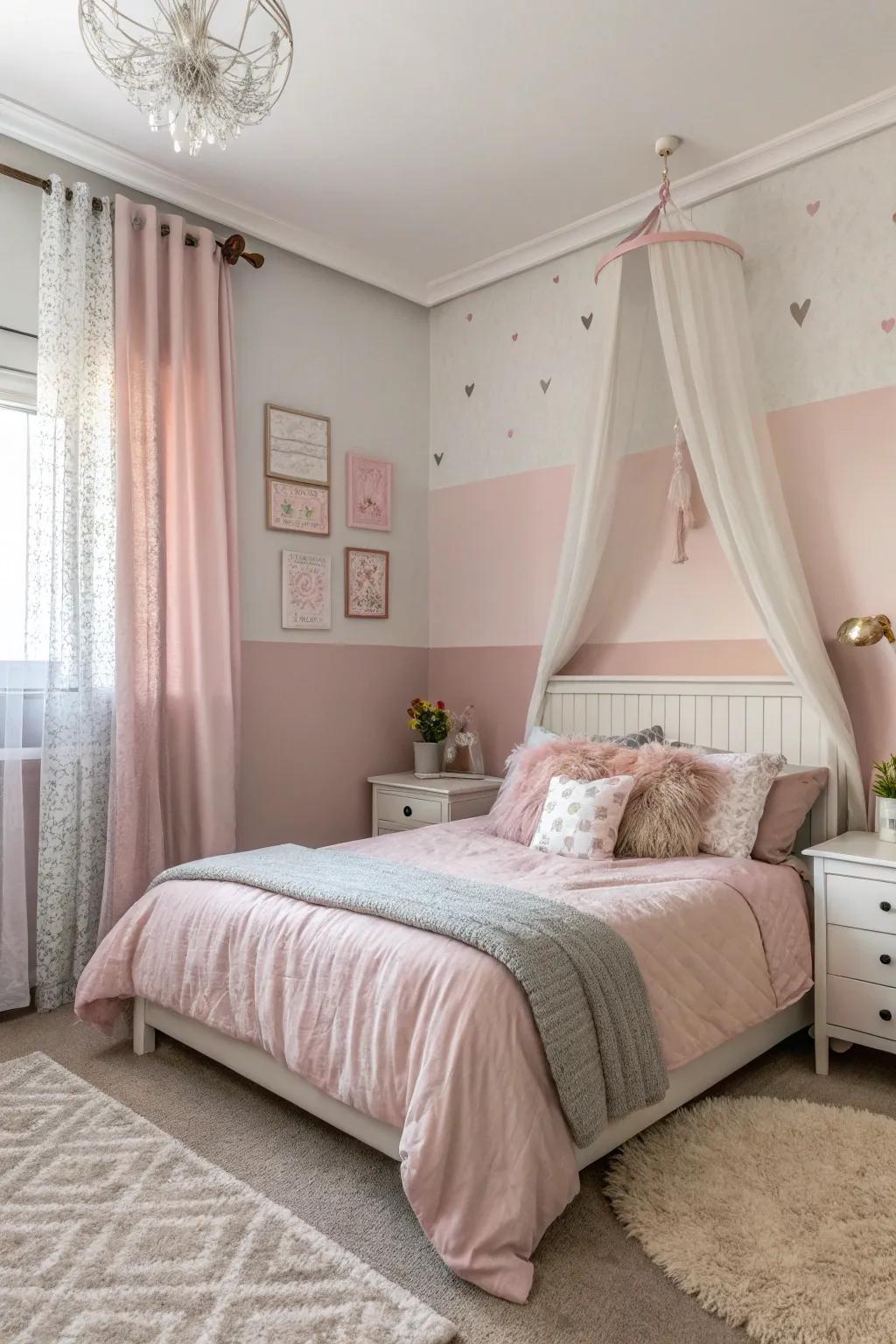 A romantic and calming two-tone bedroom in blush pink and greige.