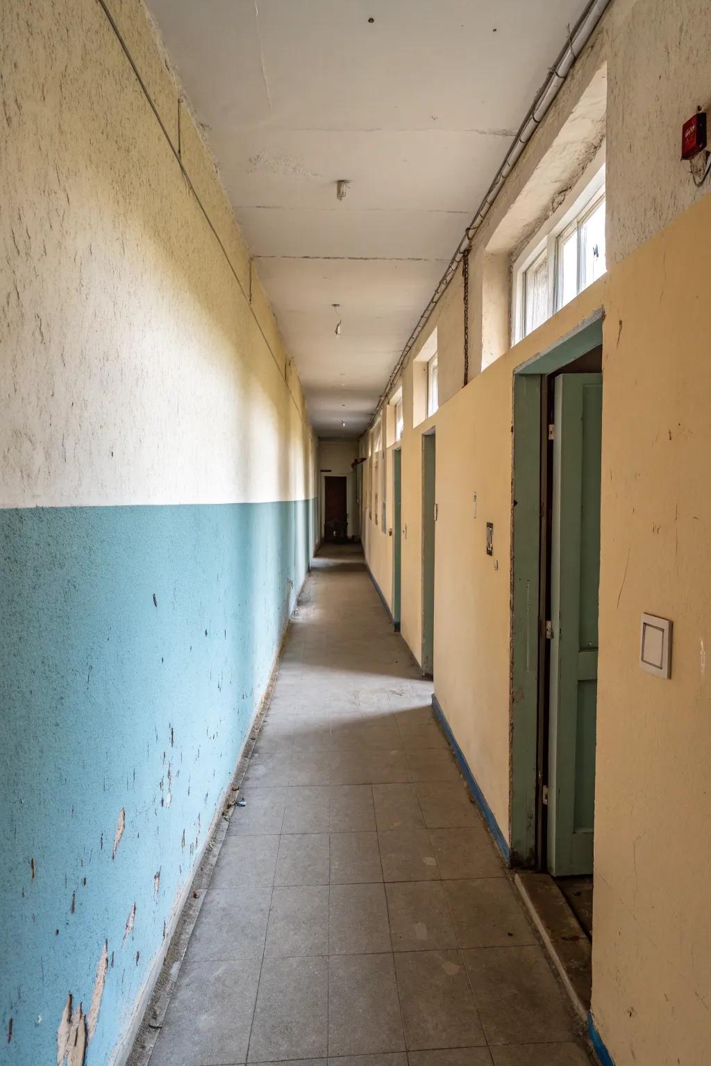 A narrow hallway with a dynamic two-tone wall enhancing proportions.