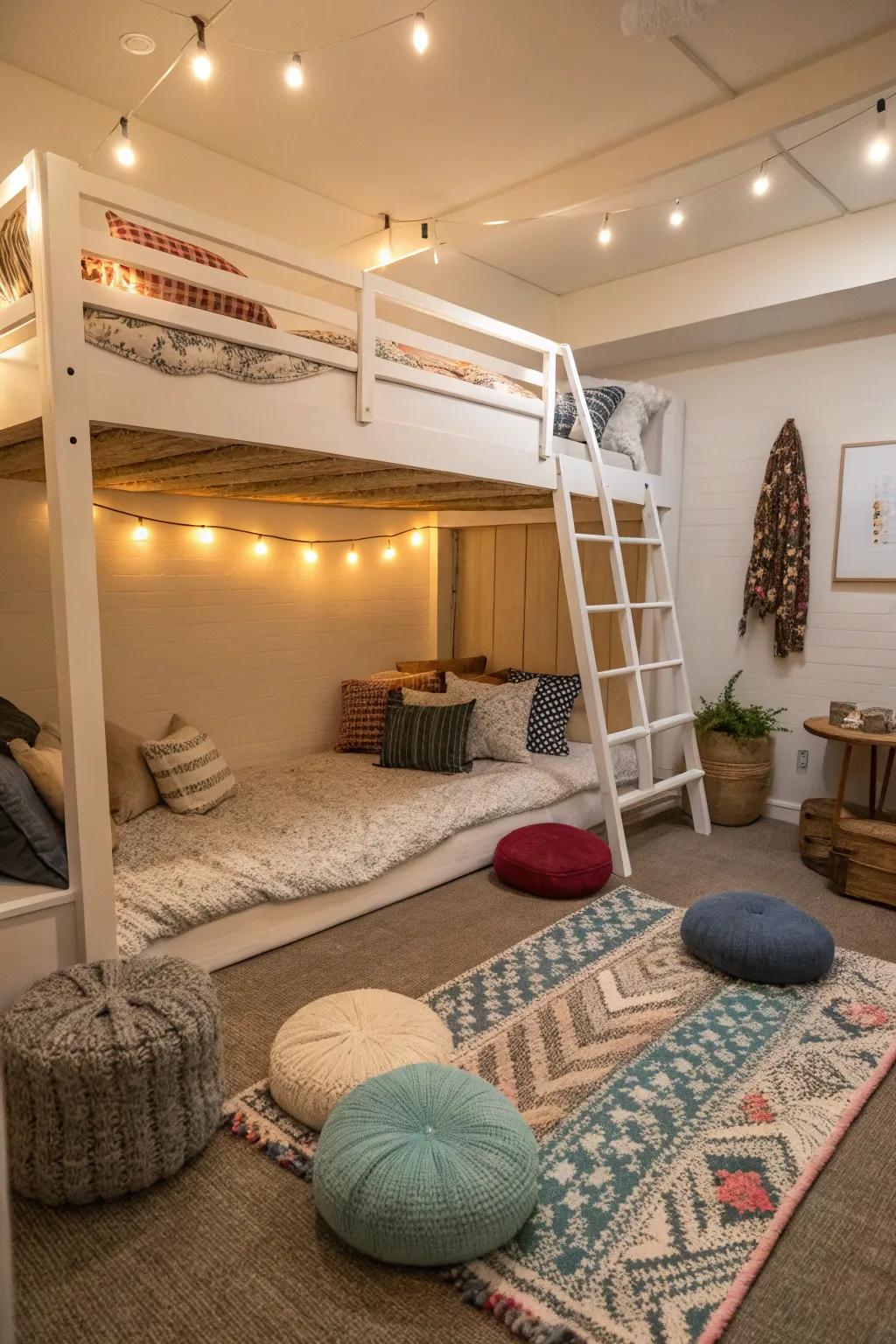 A tranquil lounge area under a loft bed.