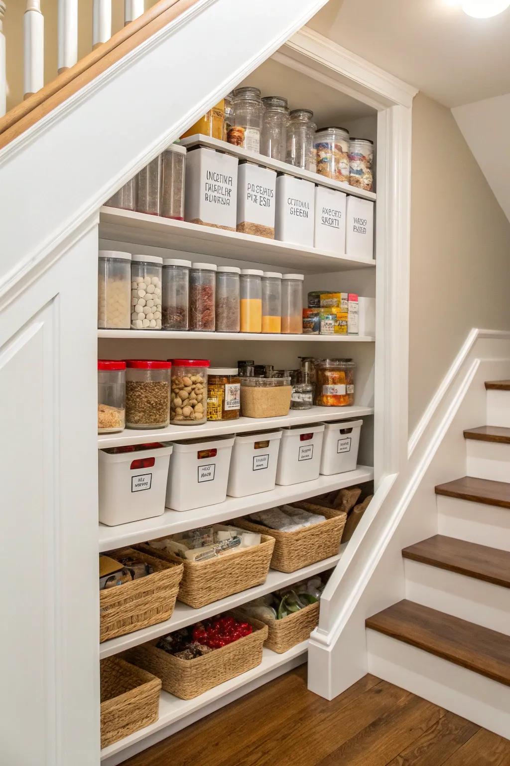 A practical pantry space that maximizes under stairs storage.