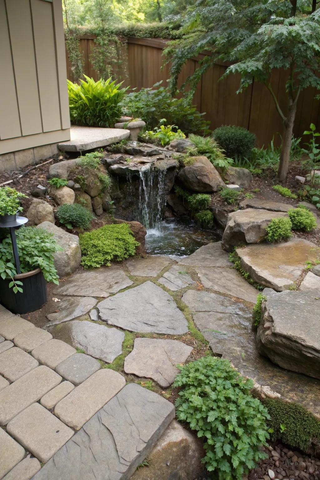 A water feature adds tranquility and uses the natural slope of an uneven patio to its advantage.