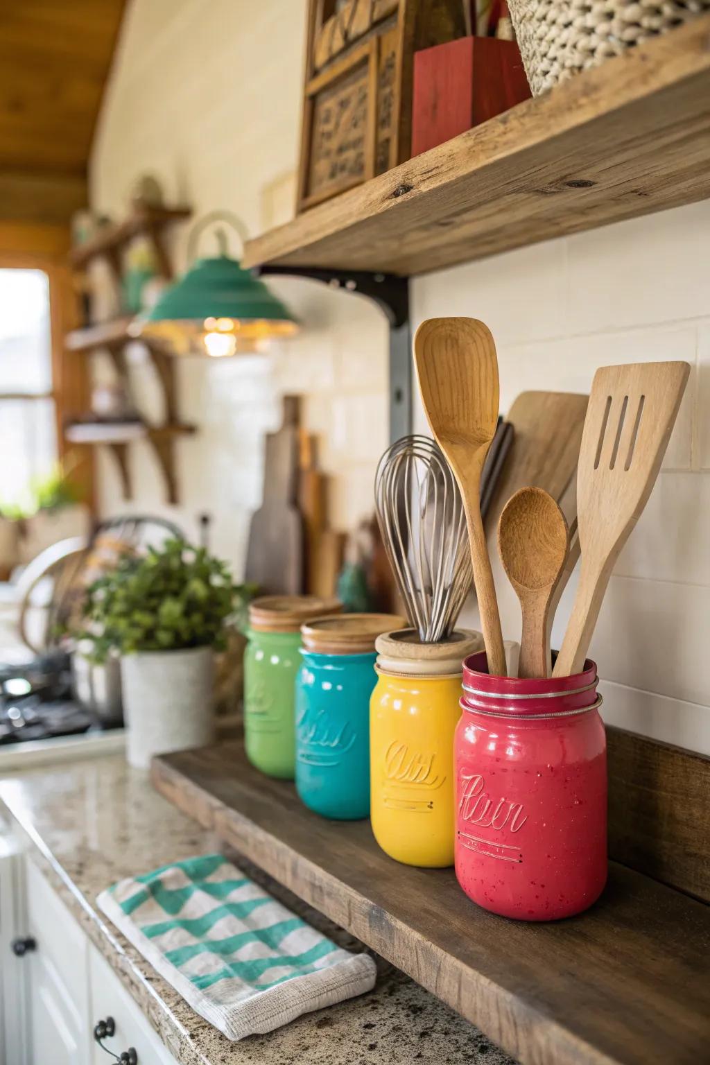 Mason jars bring a rustic touch to utensil storage.