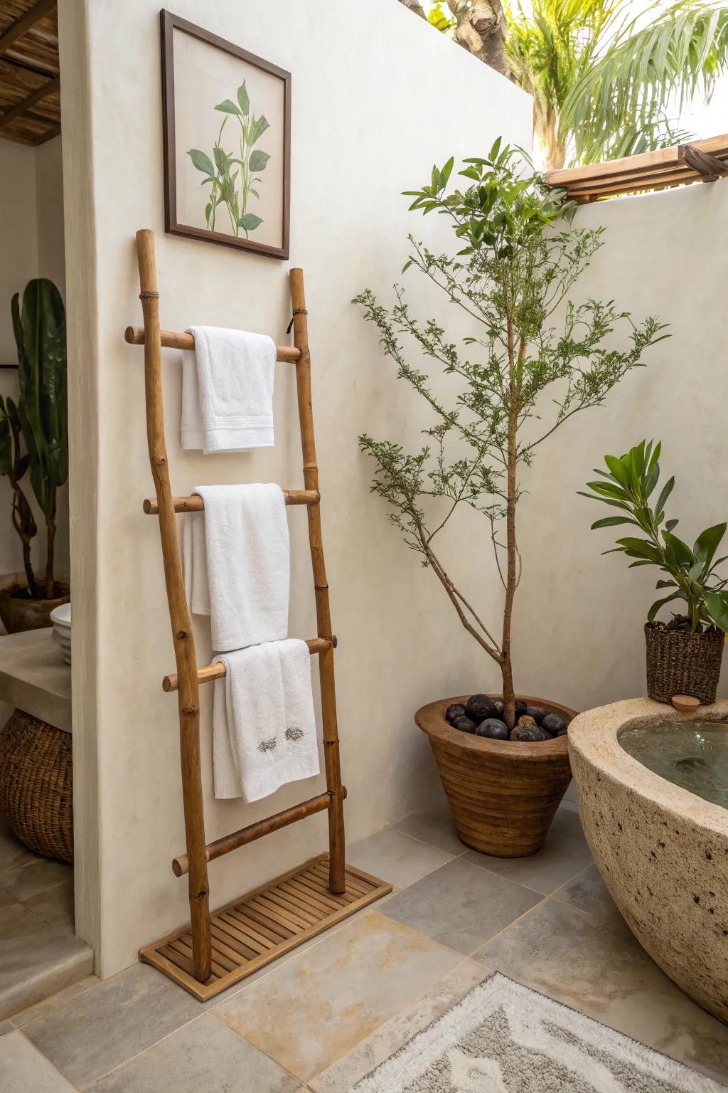 Add a touch of Zen with a bamboo ladder towel holder.