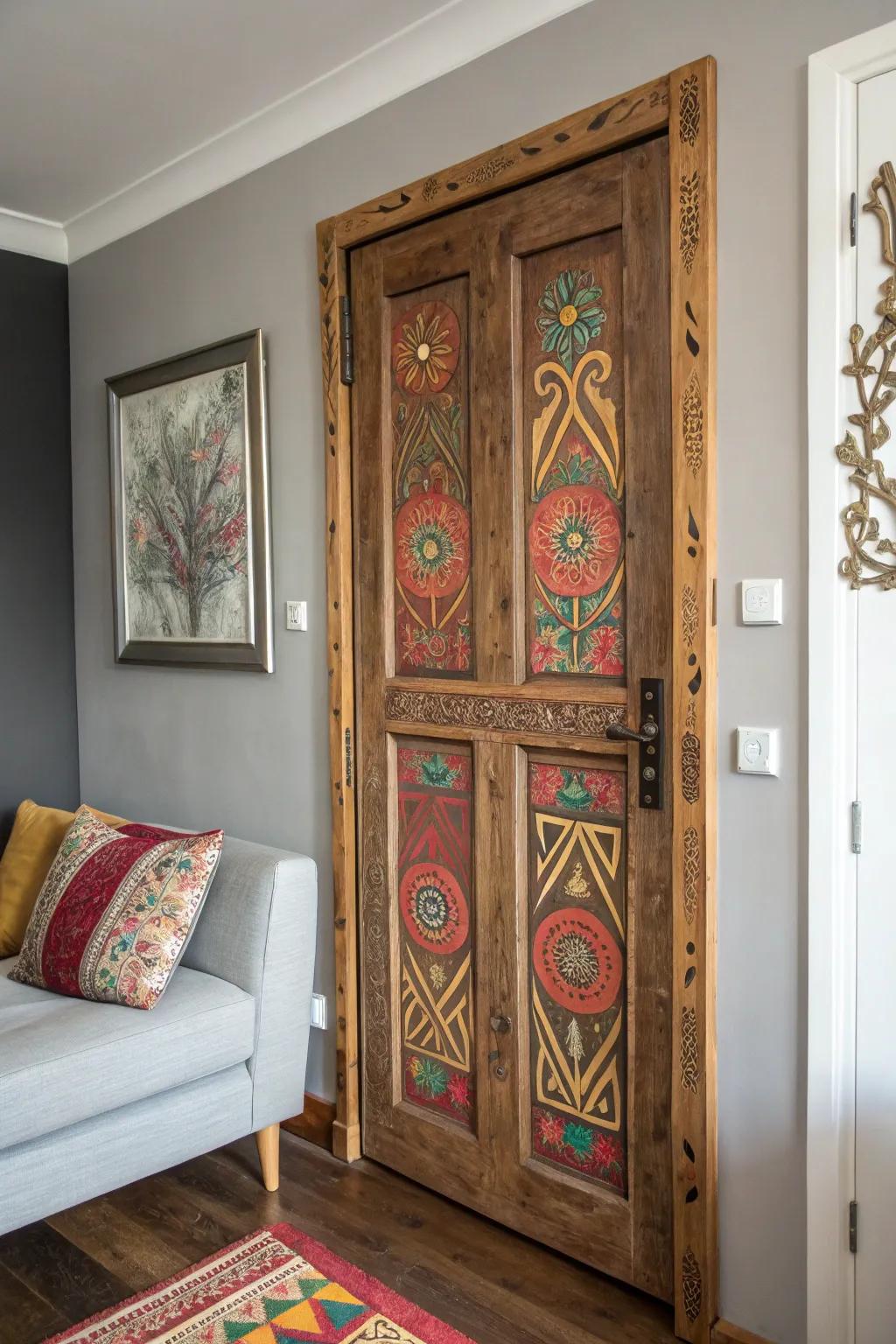 Transform your space with artisanal flair: Upcycled door turned into vibrant wall art.