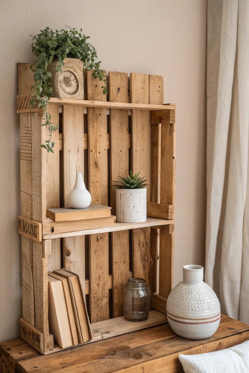Transform a simple wooden pallet into a rustic masterpiece with this chic upcycled shelf. Perfect for adding farmhouse elegance to any space!