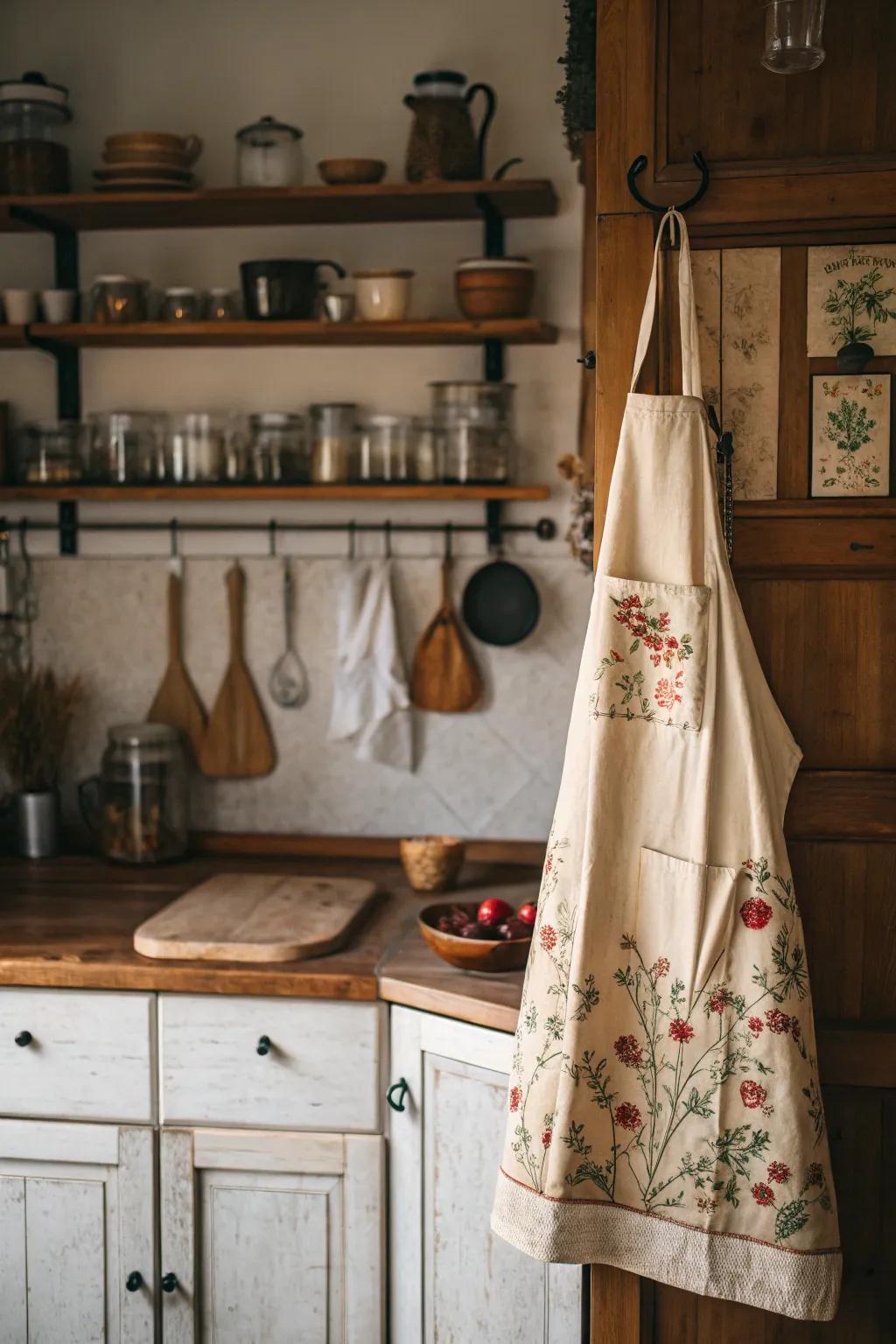 Cook in style with a vintage linen apron that tells a story.