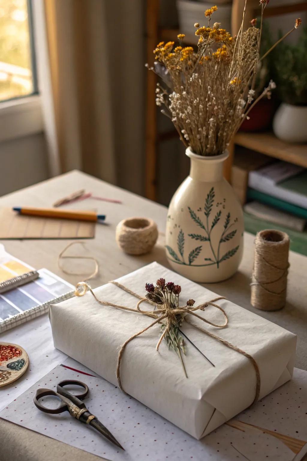 Hand-drawn vase with flowers for a creative wrapping idea.