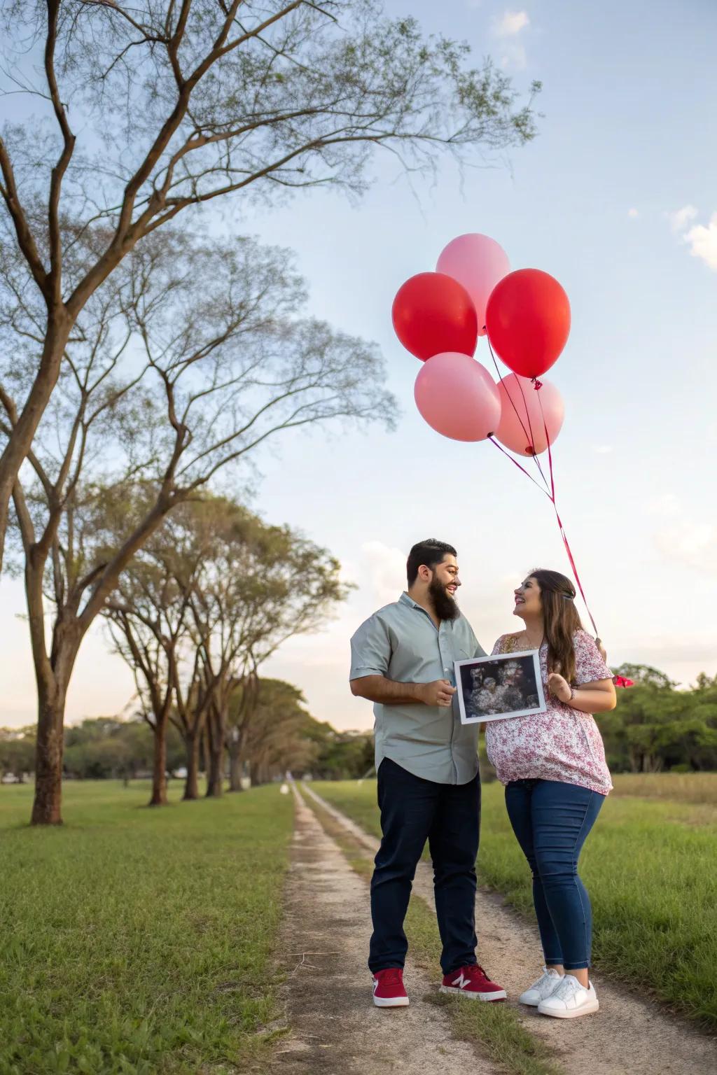 A joyful balloon reveal for sharing the big news.