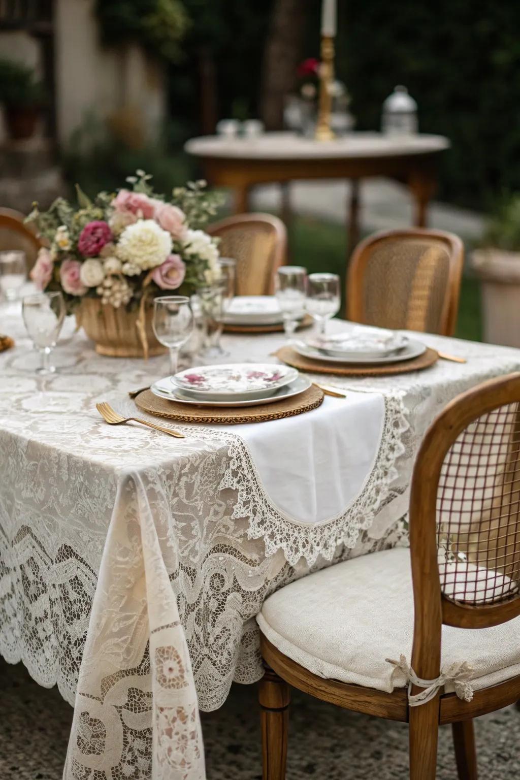 Delicate lace adds a touch of romance to this vintage dining table setting.