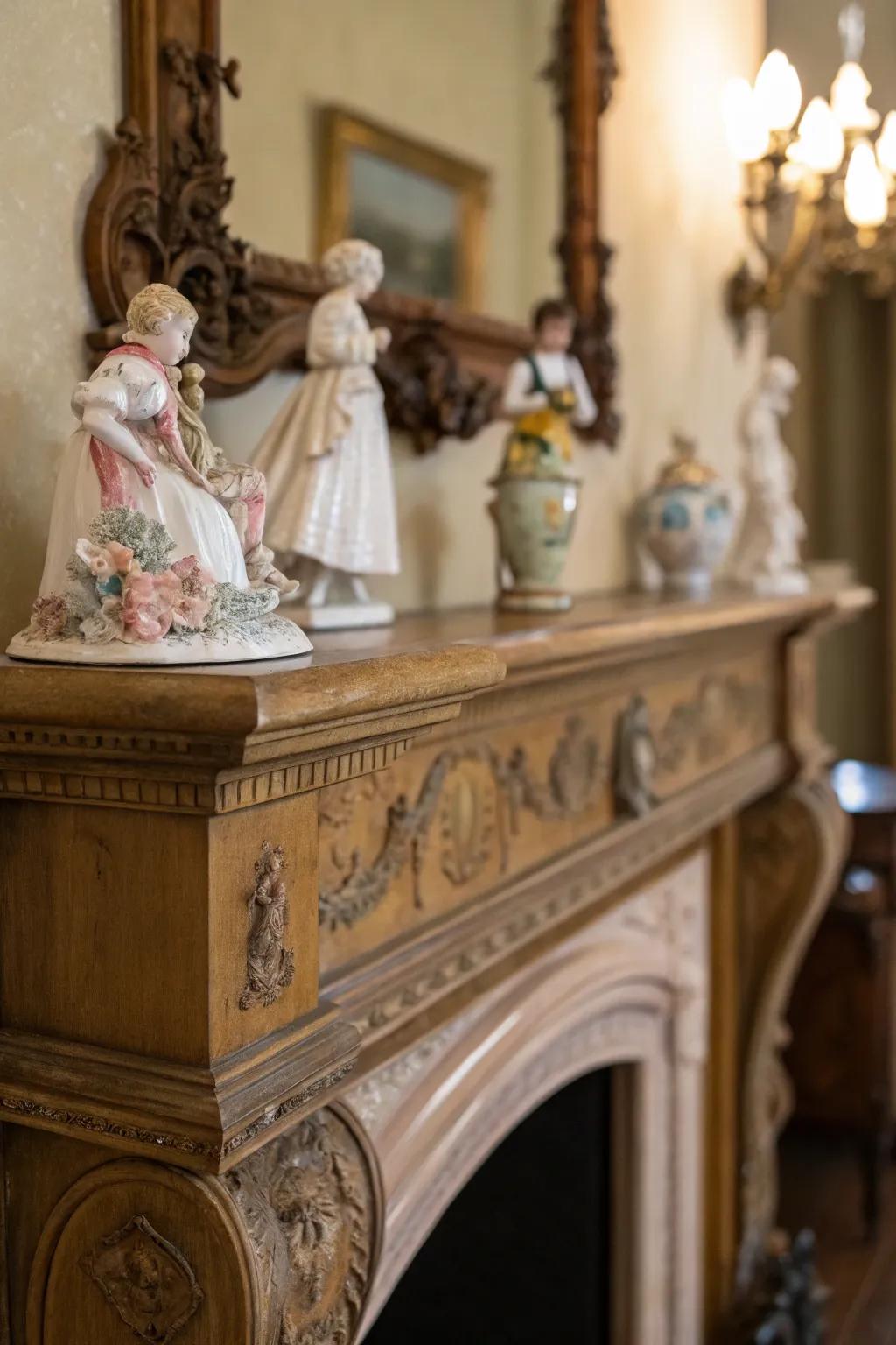 Porcelain figurines add delicate charm to this vintage mantel display.