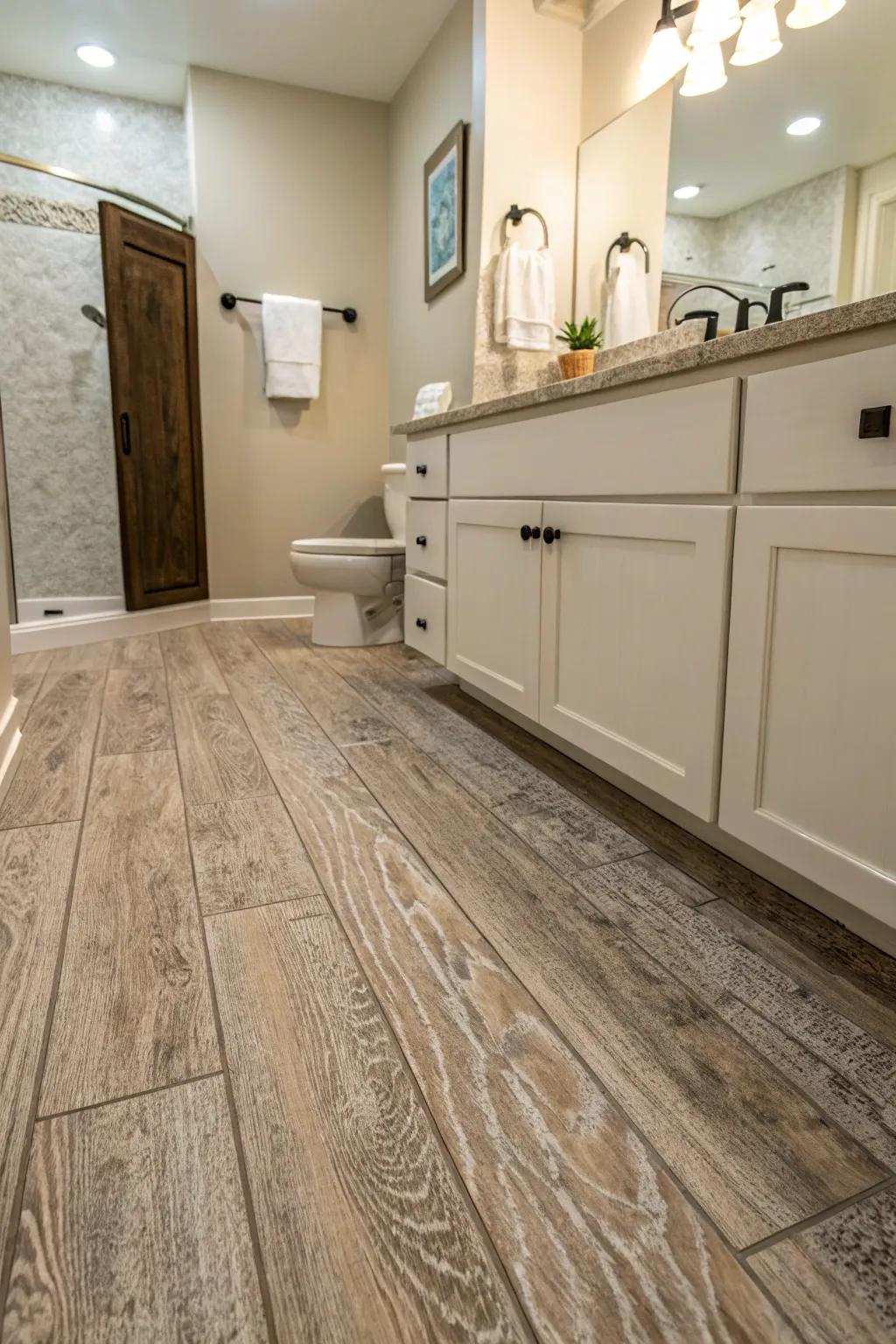 Embossed vinyl flooring adds texture and safety to this bathroom.