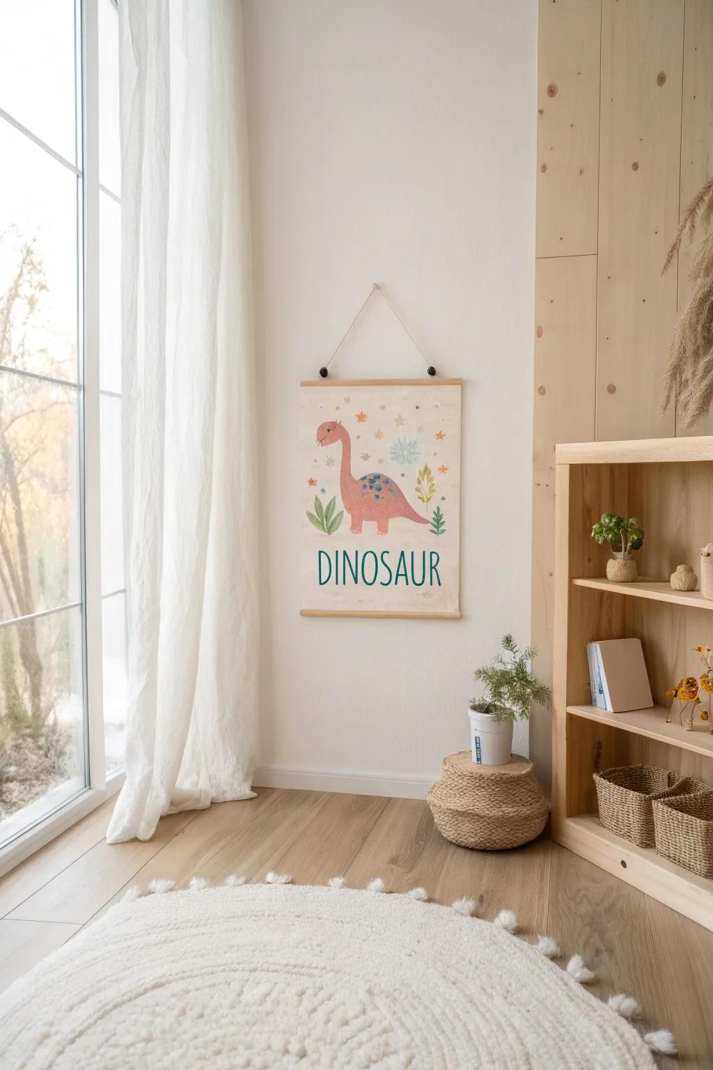 Bring joy to your little one's room with a charming dinosaur vinyl sign in soft pastel hues.